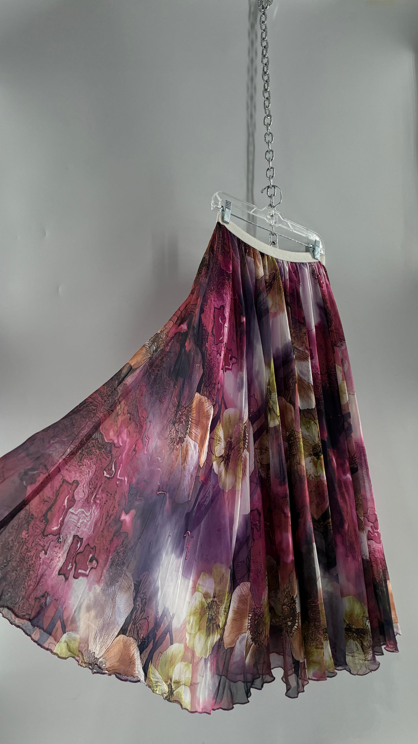 Vintage Full Length Silky Graphic Florals Skirt (Medium)