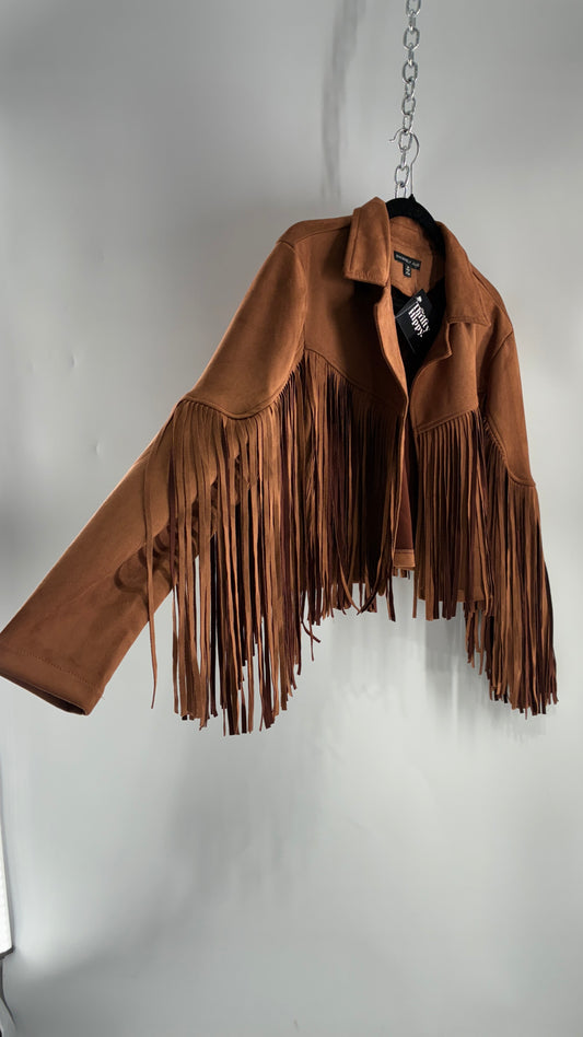 SINCERELY JULES Brown Vegan Suede Cropped Fringe Jacket (Medium)