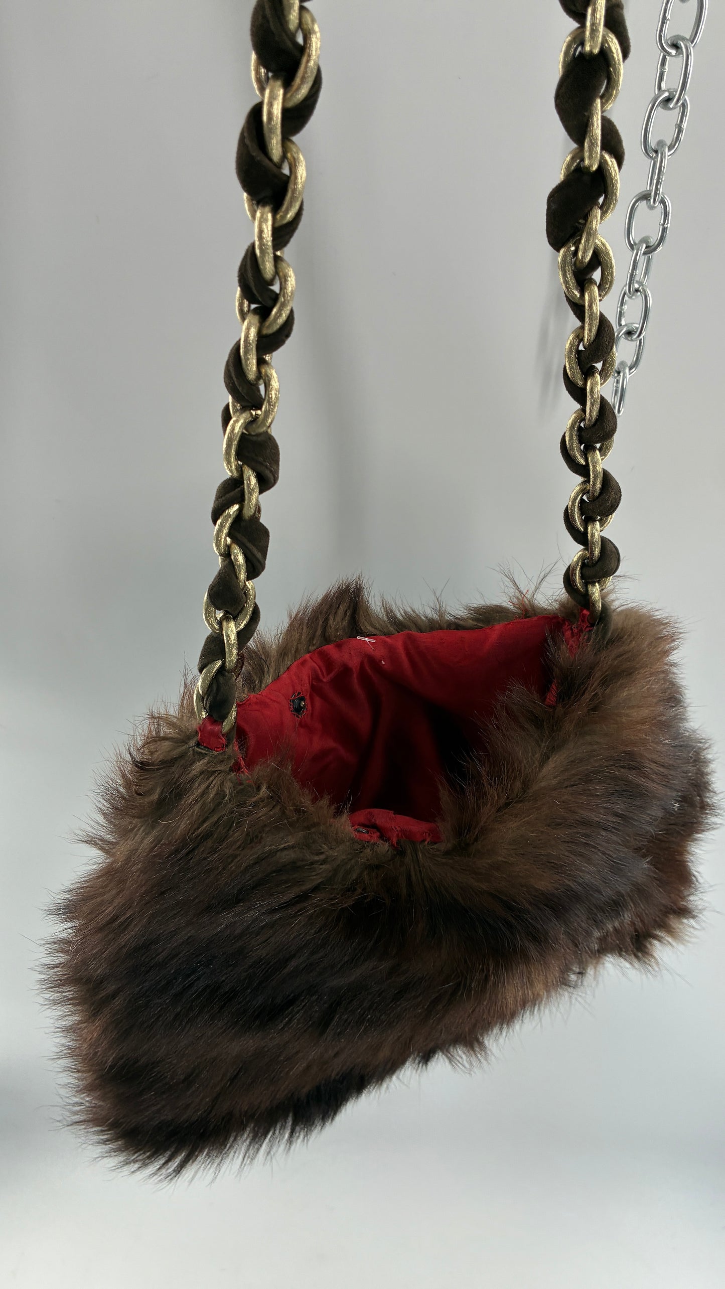 Vintage Handmade Genuine Fur Bag with Heavy Interlaced Gold Chain Strap