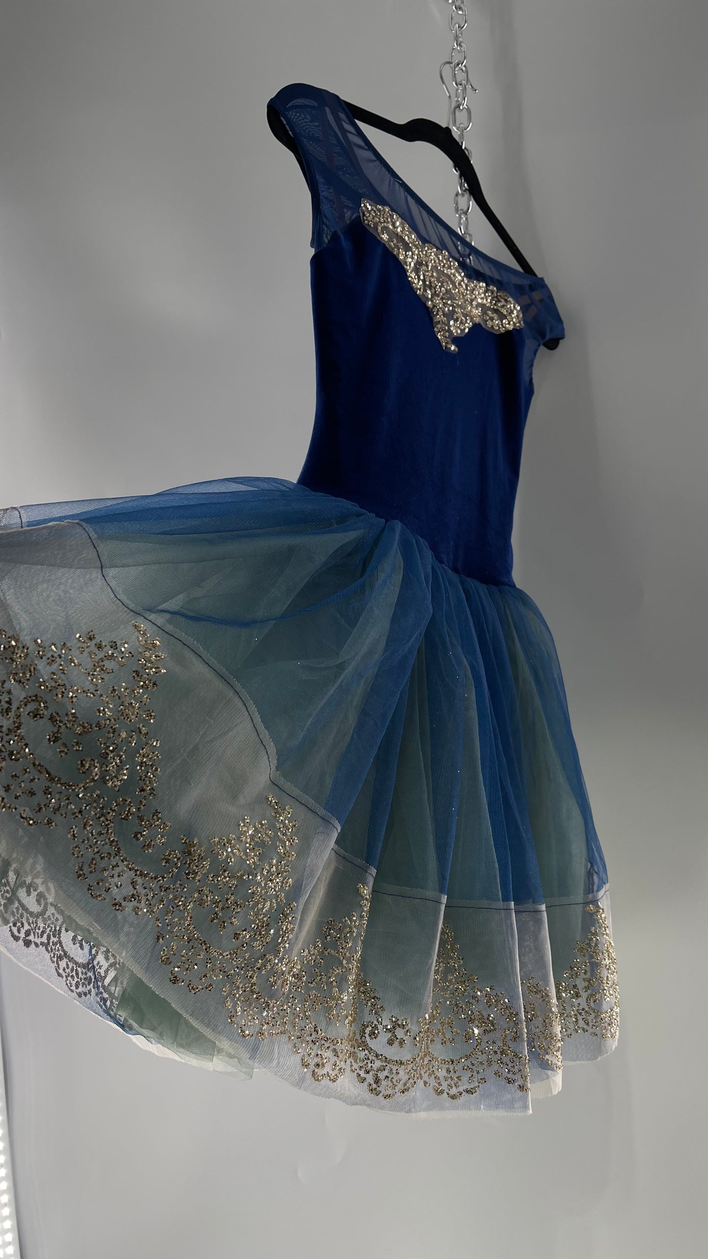Midnight Muse Navy and Teal Mesh Tutu Skirt with Gold Glitter Hem Detailing (Medium)