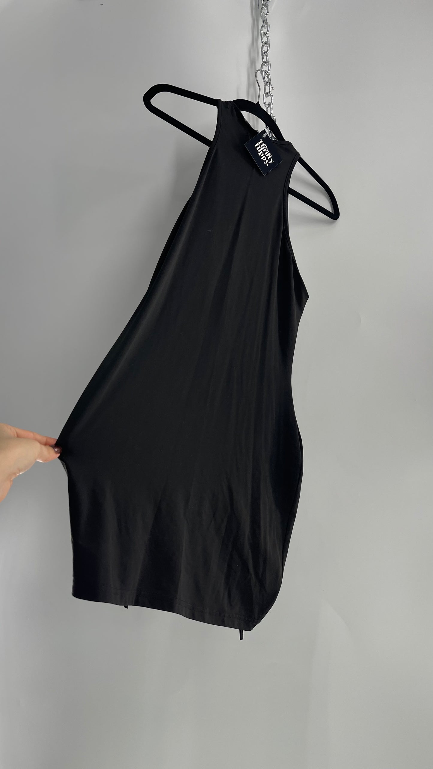 Black Lace Up Thigh Halter Bodycon Mini Dress (Medium)