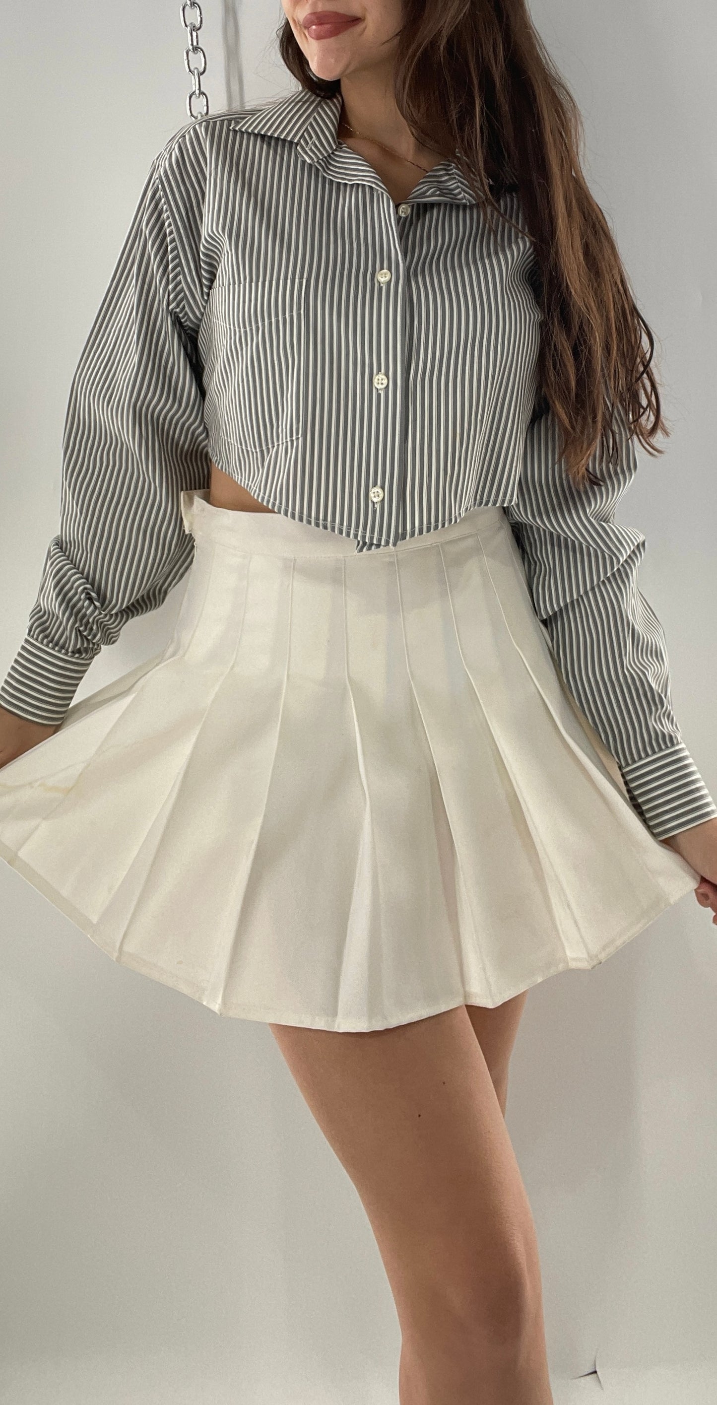 Vintage Reworked Button Front Backless Grey Blue Striped Blouse (One Size)
