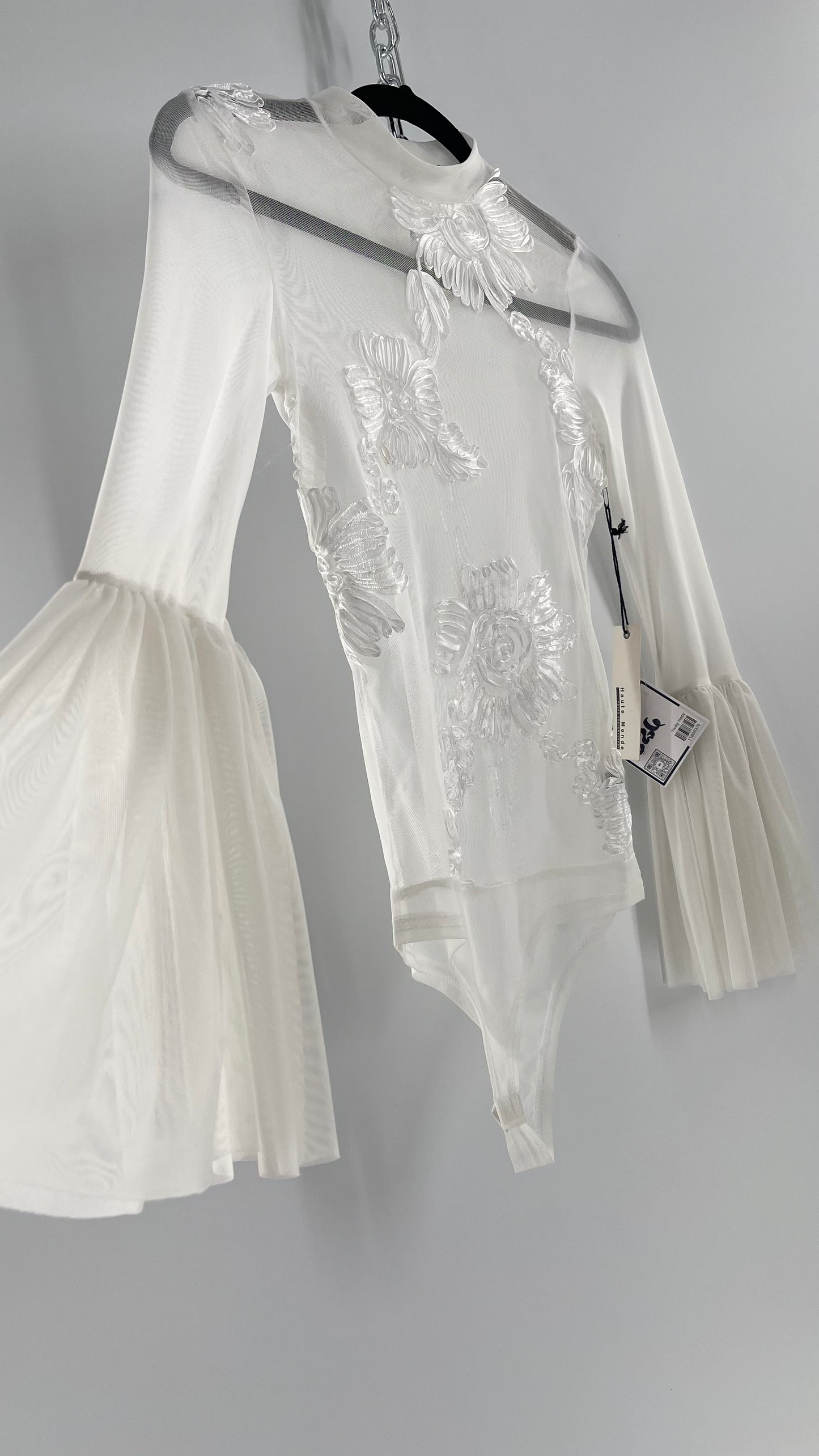 Haute Monde White Mesh Bodysuit with Ribbon Embroidery, Bell Sleeves and Tags (Small)