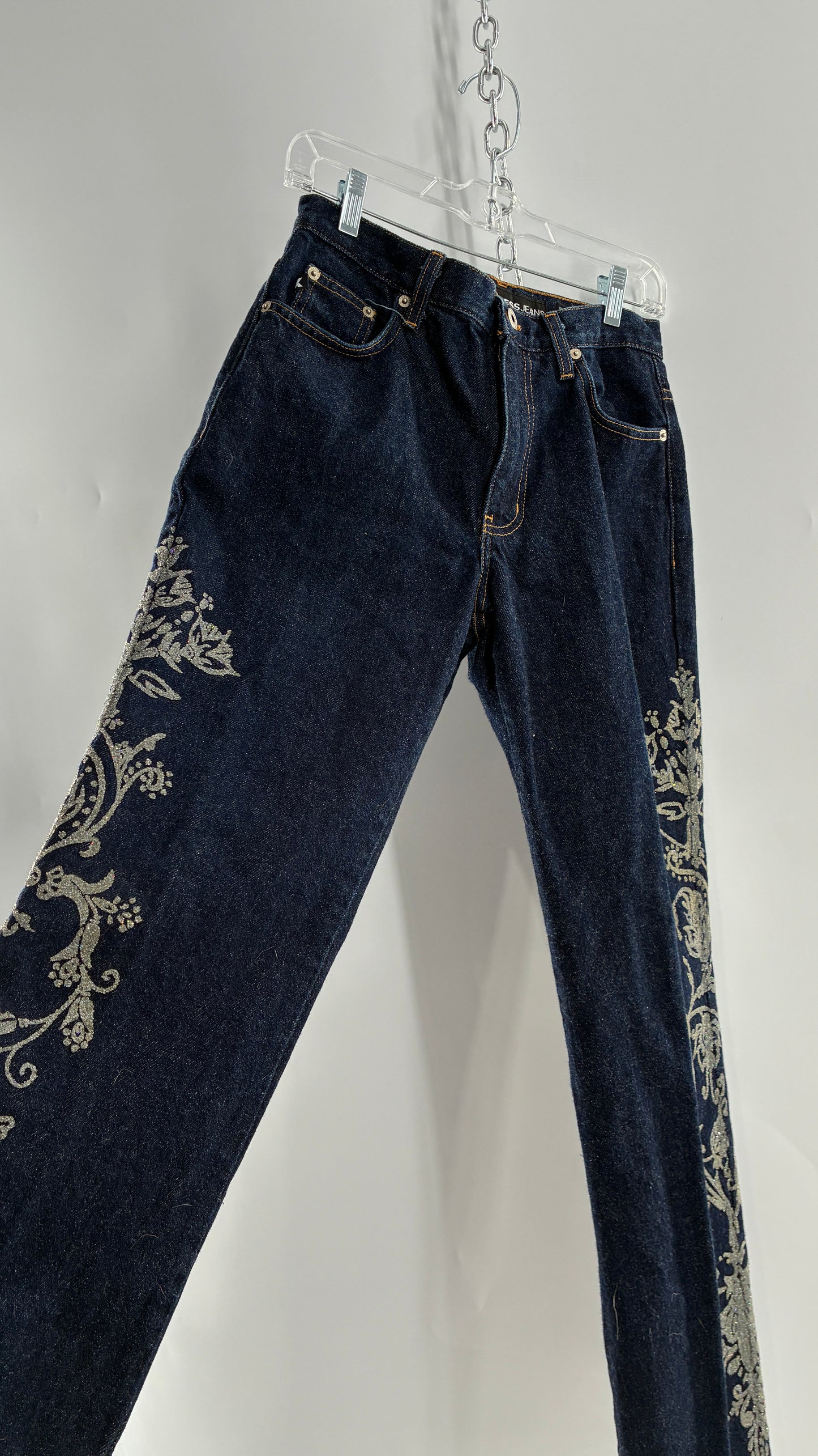 Vintage EXPRESS JEANS Dark Wash with Iridescent, Embellished, Textured Design Running Down Pant Leg (3/4)