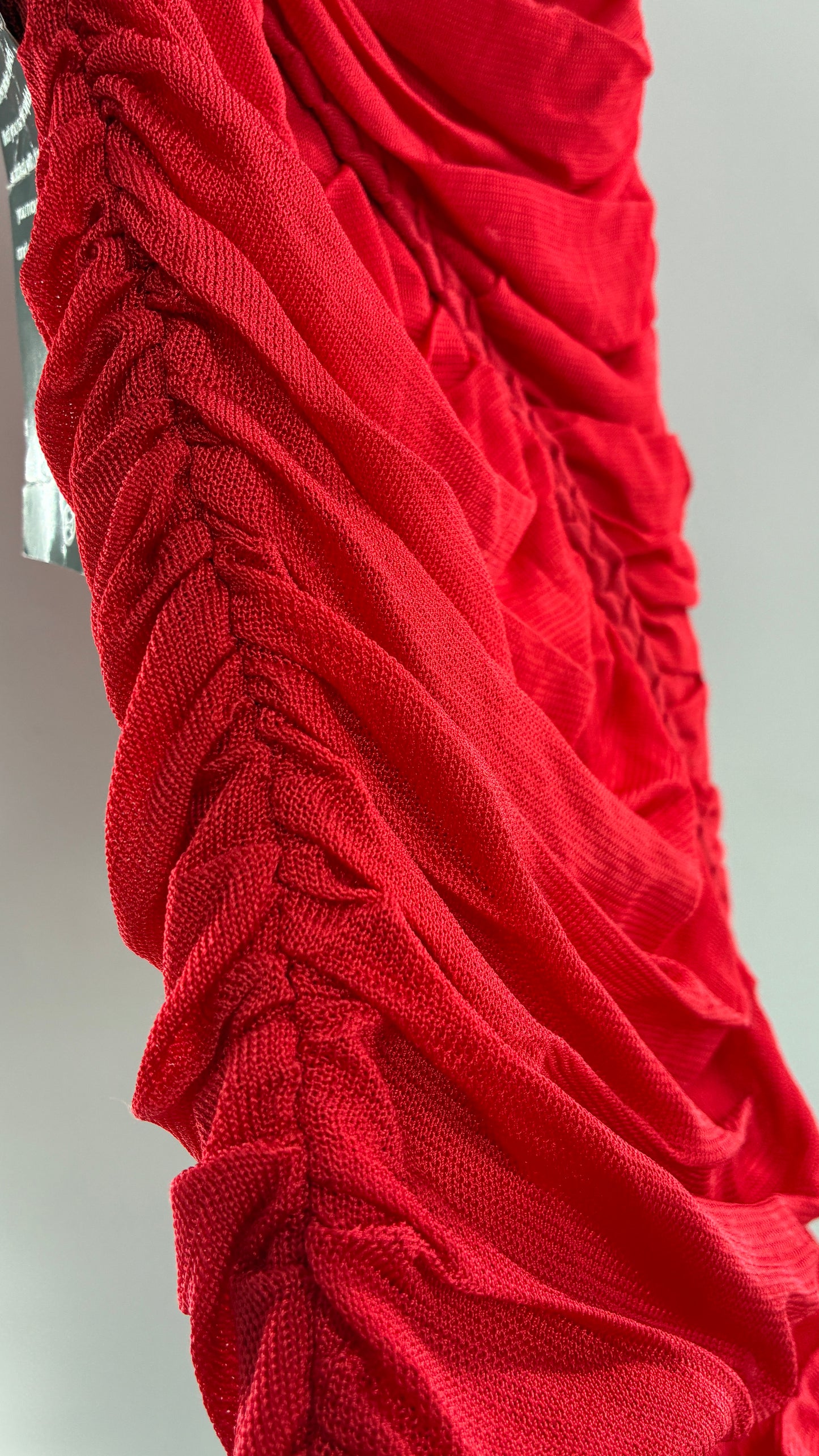 Deadstock Vintage BEBE Red Heavy/Thick Ruched and Roped Mini Dress (Medium)