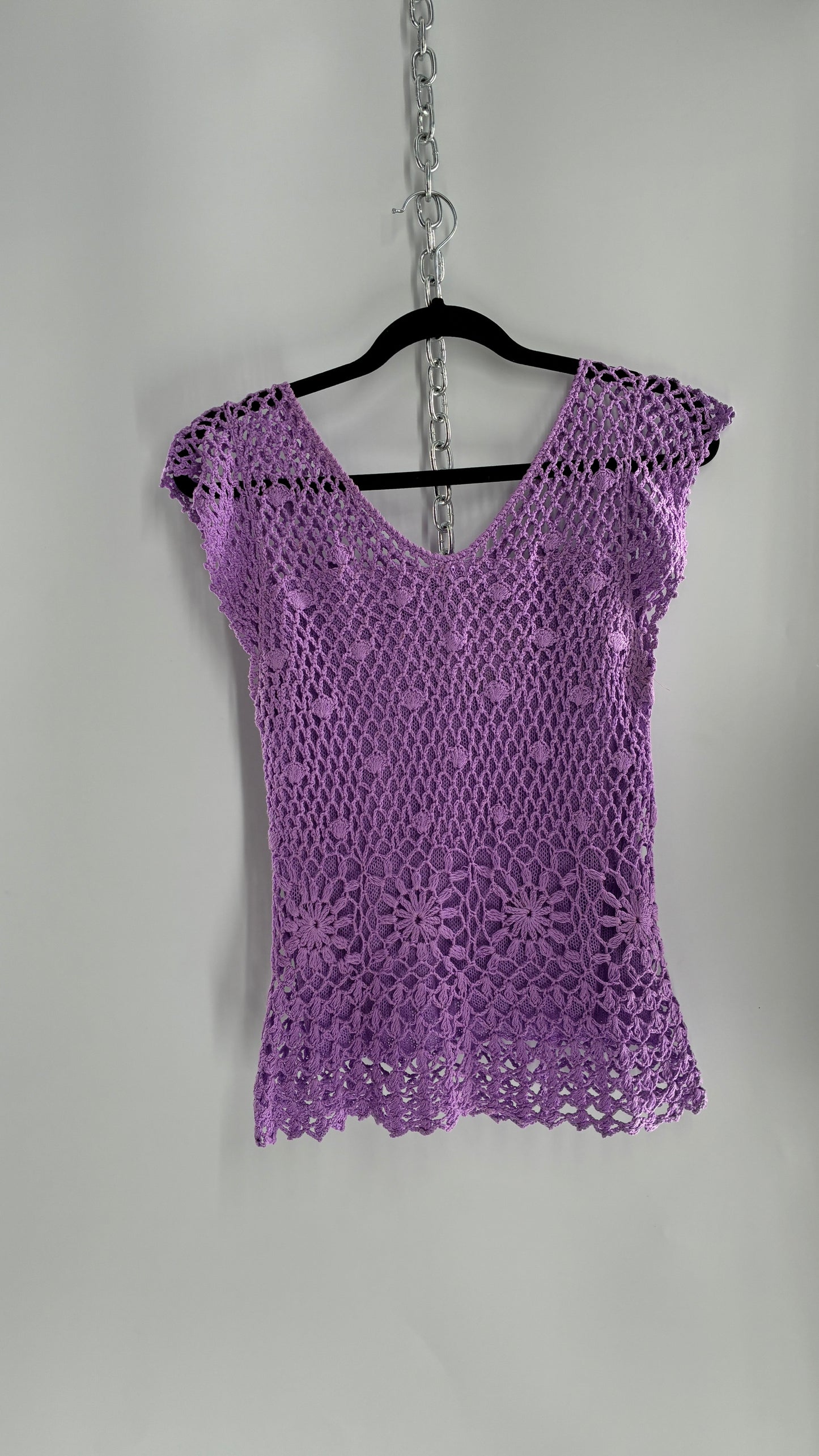 Vintage Lilac/Lavender Handmade Crochet Short Sleeve Double Layered Blouse with Rosette (S/M, stretchy)