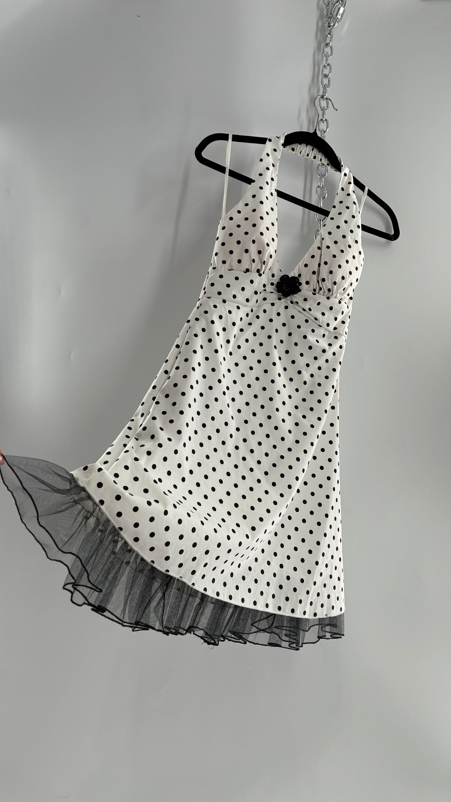 Deadstock Vintage Ruby Rox Retro Style White and Black Polka Dotted Mini Dress with Tulle Trim (7)
