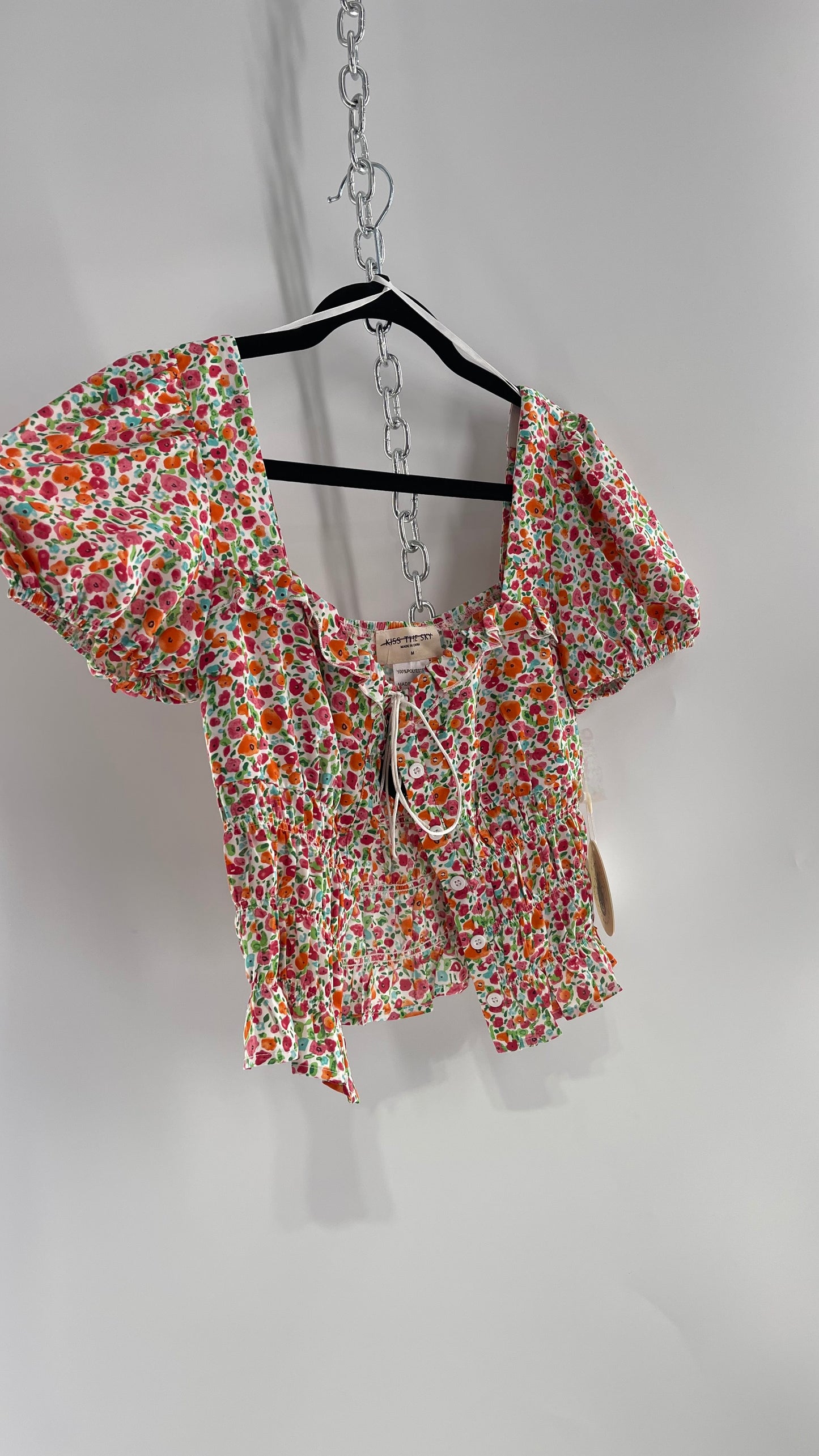 Free People Kiss The Sky Ribbon Bust Floral Prairie Top (Medium)