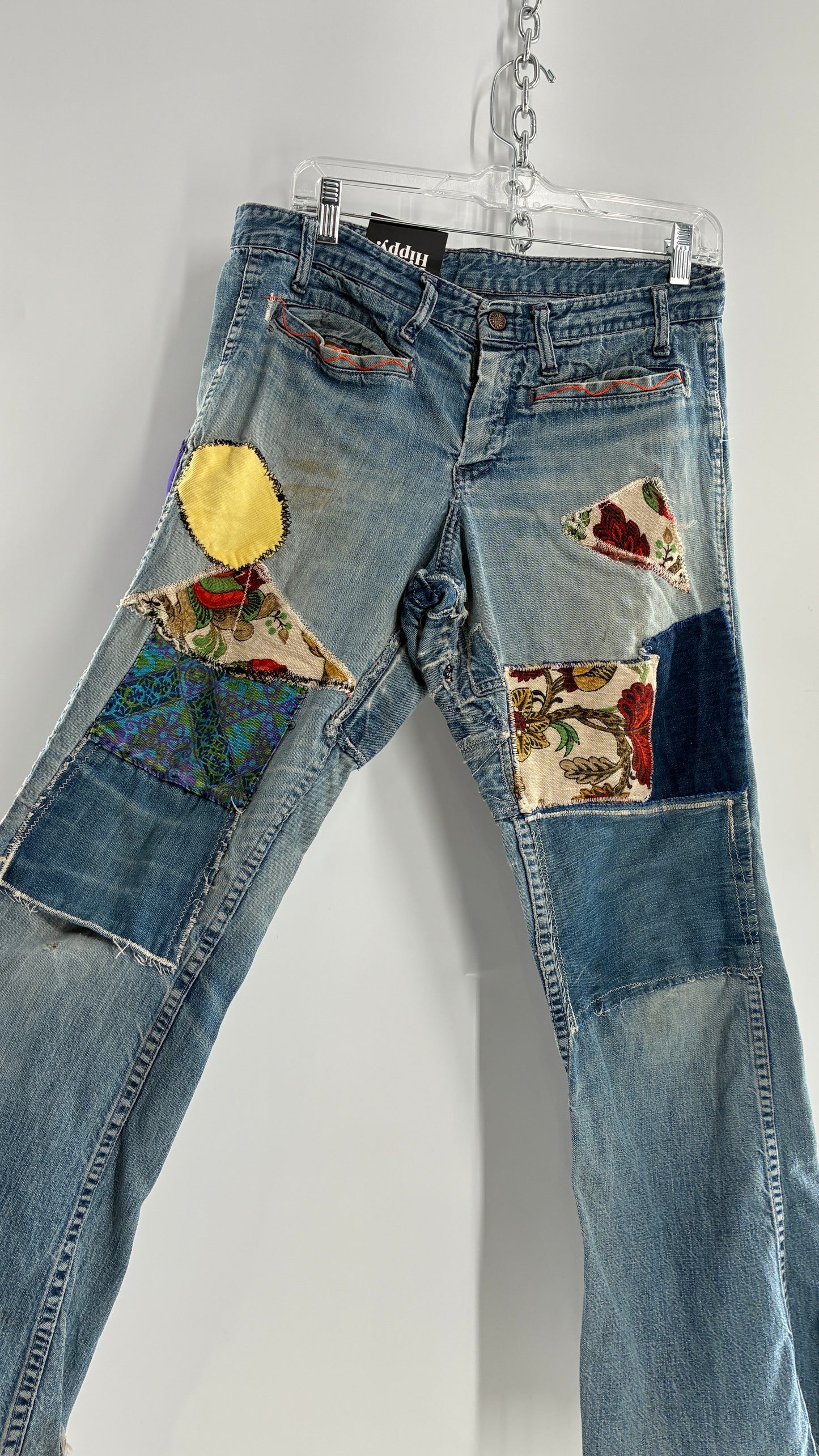 Vintage Rare 1970s Light Wash, Low Rise Boot Cut Jeans with Hand Stitched Tapestry Style Patches and Purple Heart on Bum (Measurements Below)
