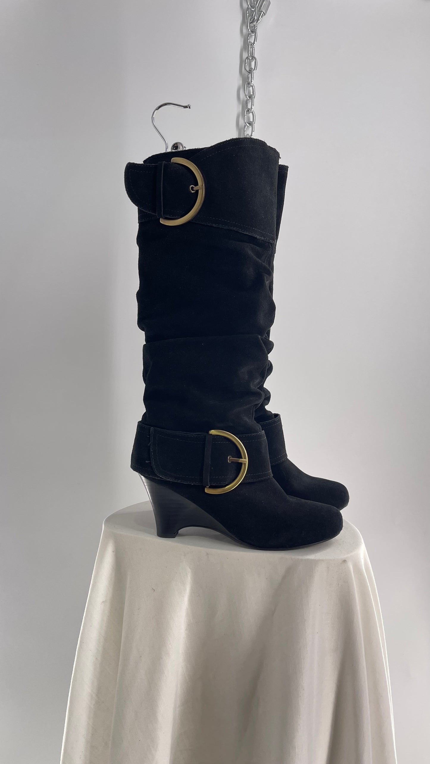 Naughty Monkey Black Suede Wedge Boot with Gold Buckle (7)