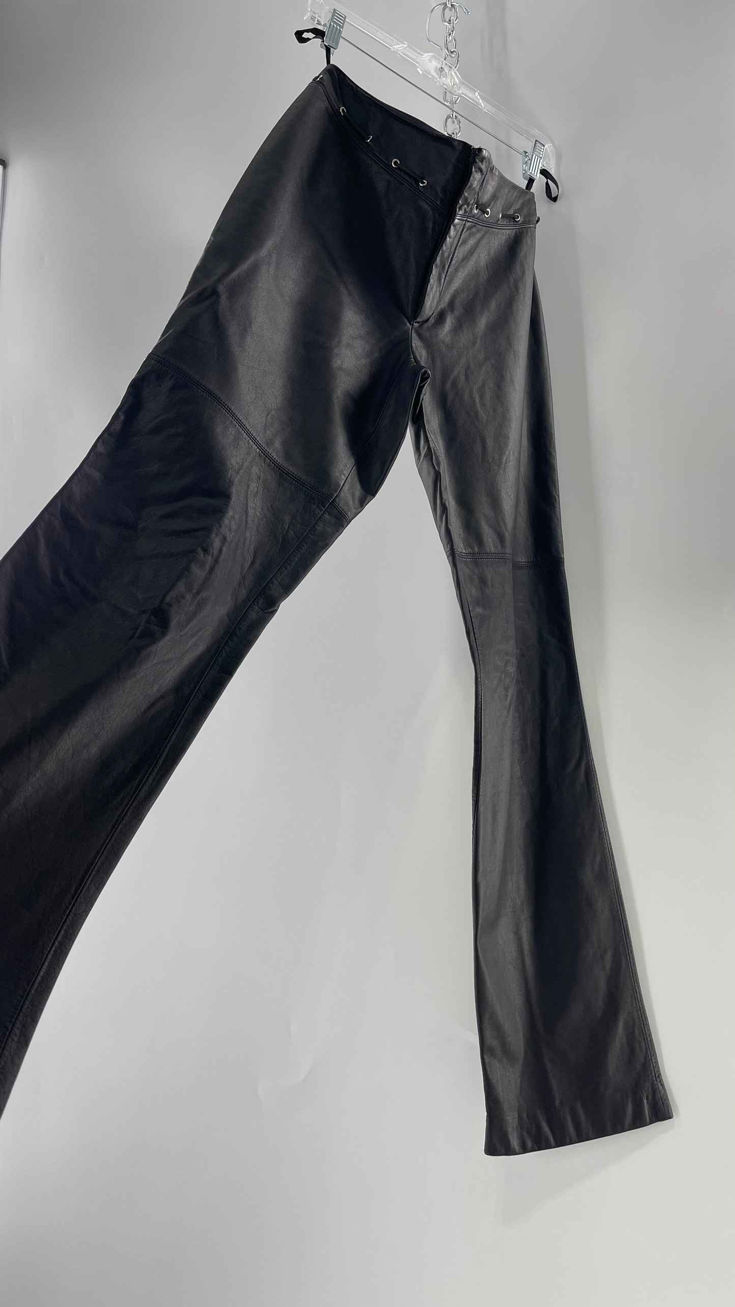 Vintage 90s RALPH Ralph Lauren Thin Leather Pants with Thread Through Grommet Detail on Waistline (4)