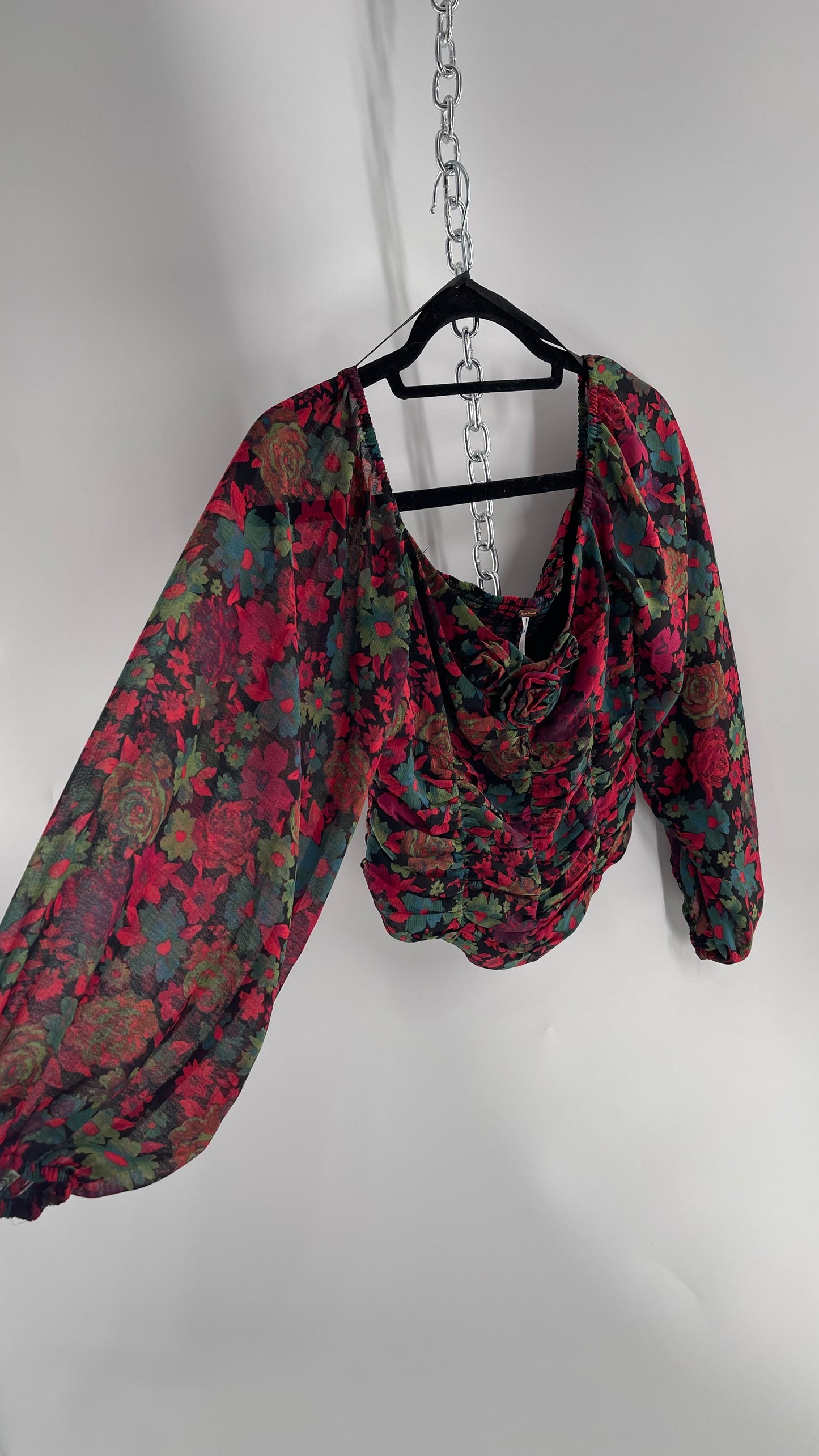 Free People Cropped Floral Blouse with Ruched Body, Balloon Sleeves and Appliqué Rosette Bustline with Tags Attached (Small)
