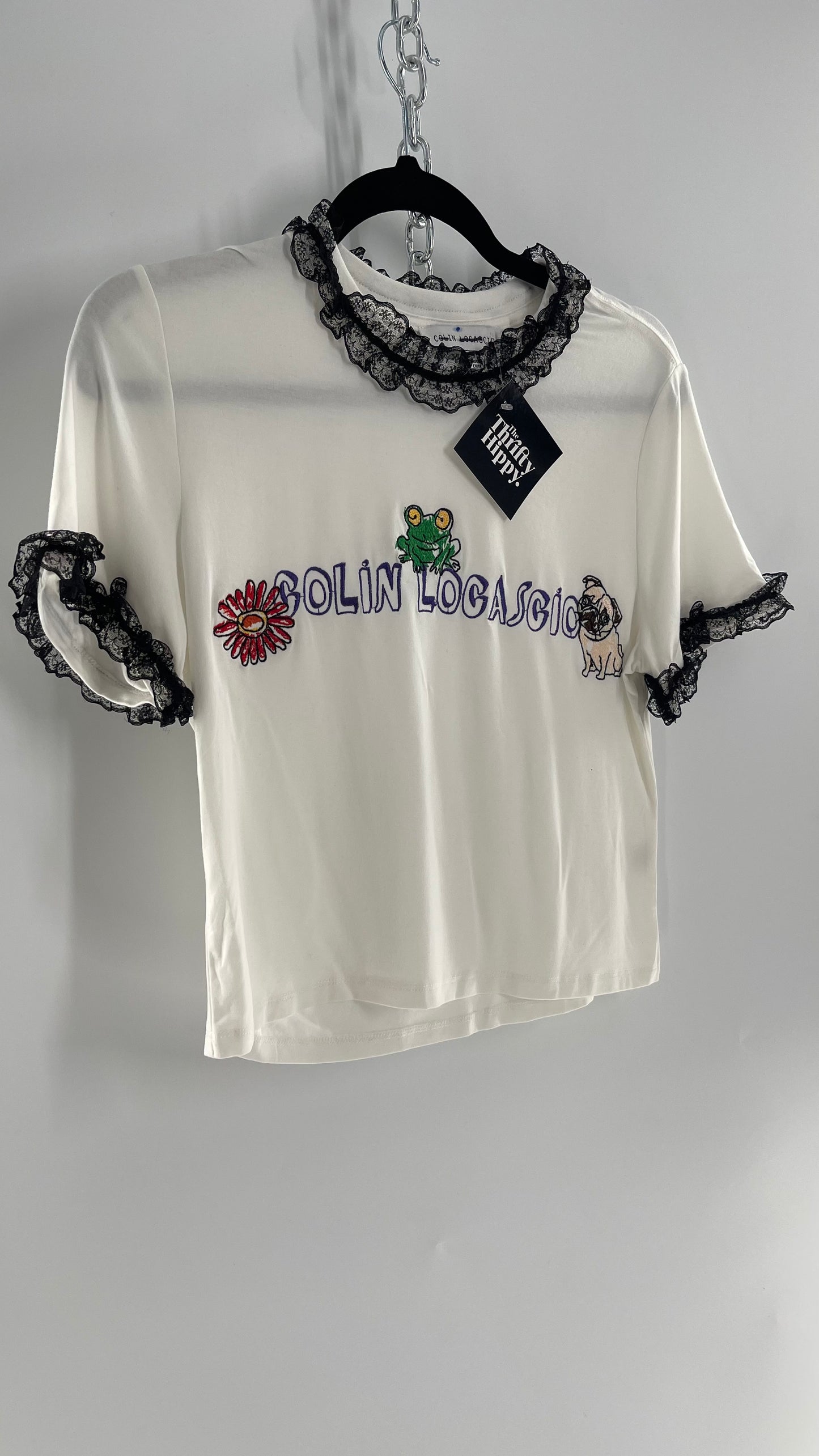 Colin Locascio Tannie T Shirt White Black Lace Ruffle Sleeves Frog Embroidery (Small)