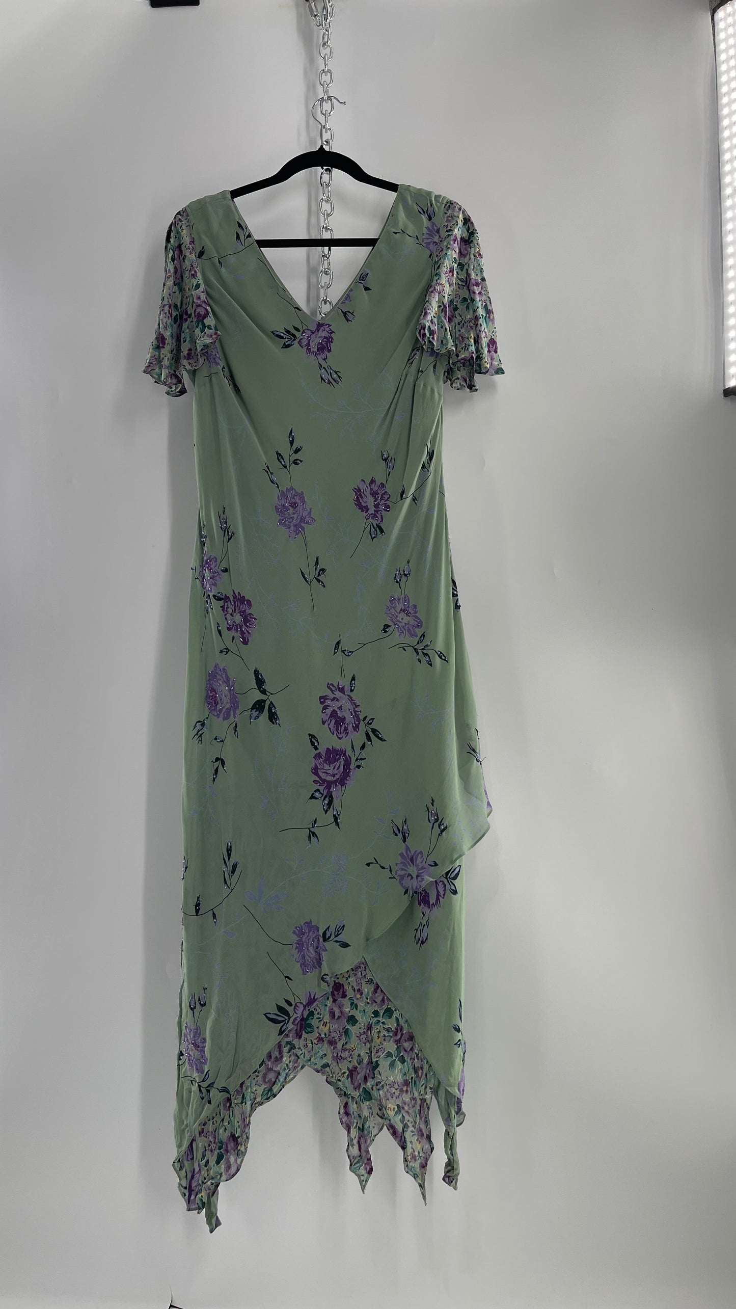 Vintage 1990s EVA BLUE Sage Green Dress with Purple Beaded Florals and Handkerchief Hem(16)