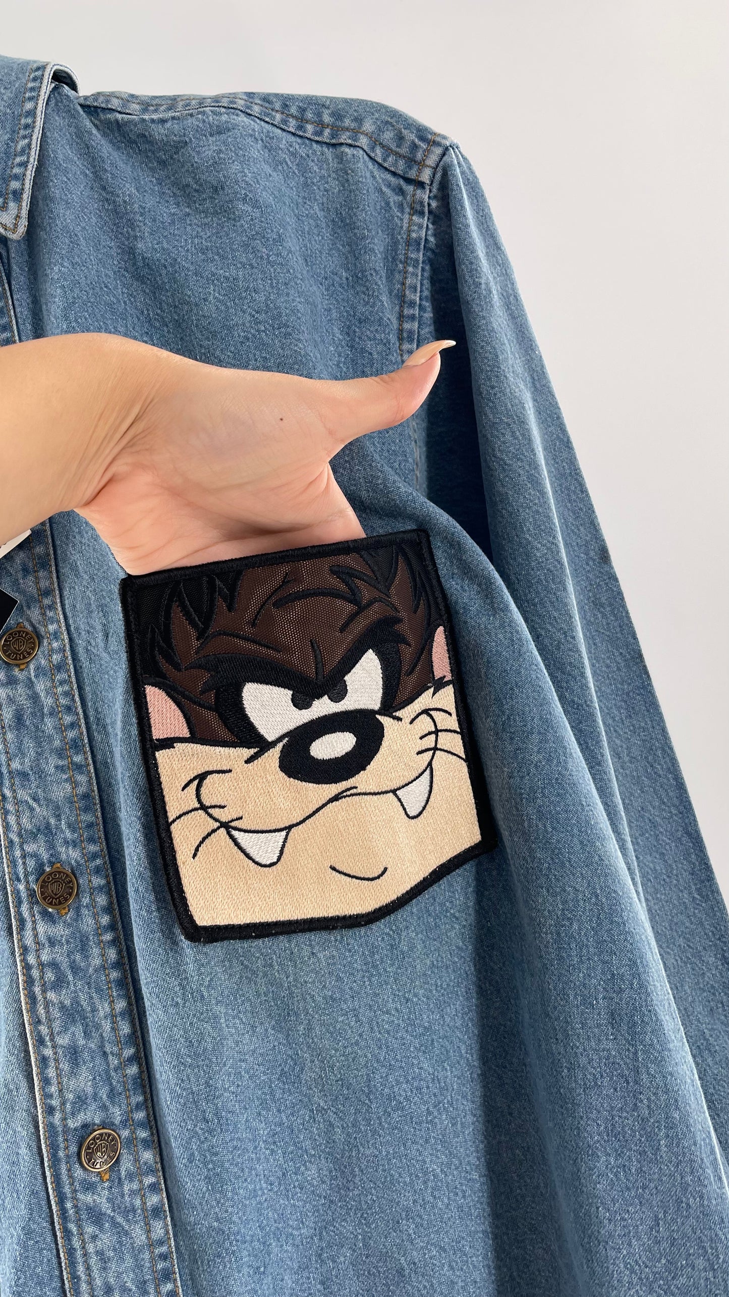 Deadstock Vintage Warner Bros Looney Tunes Denim Longsleeve with Embroidered Taz Pocket (XS/S)