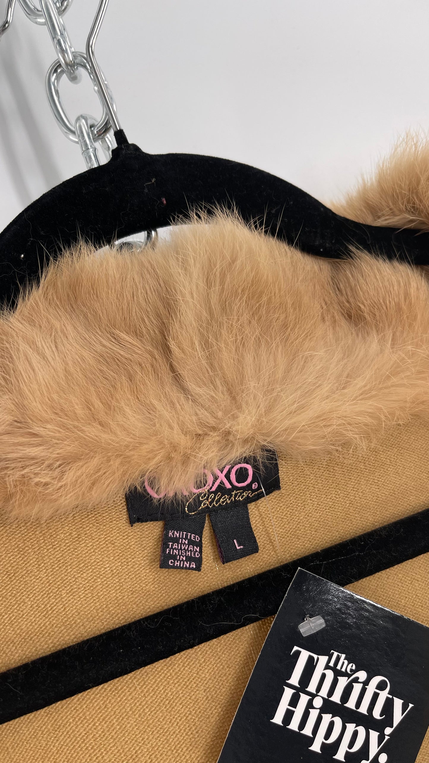 Vintage XOXO Tan Fasten Bust Cropped Cardigan Shrug with Genuine Rabbit Fur Exaggerated Collar (Large)