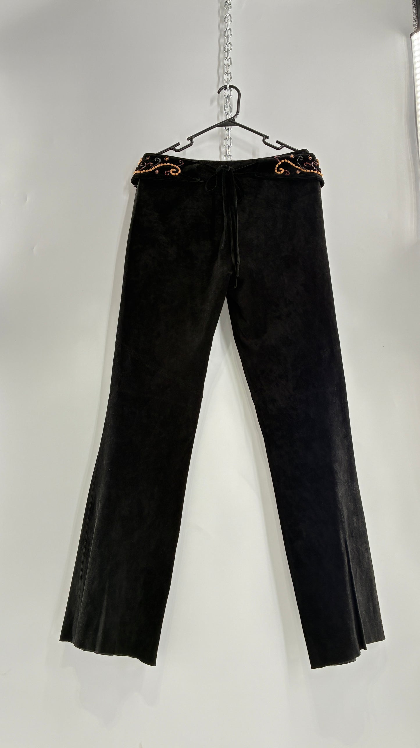 Vintage Margaret Godfrey Black Genuine Suede Leather Kick Flares with Wide Beaded Belt (10)