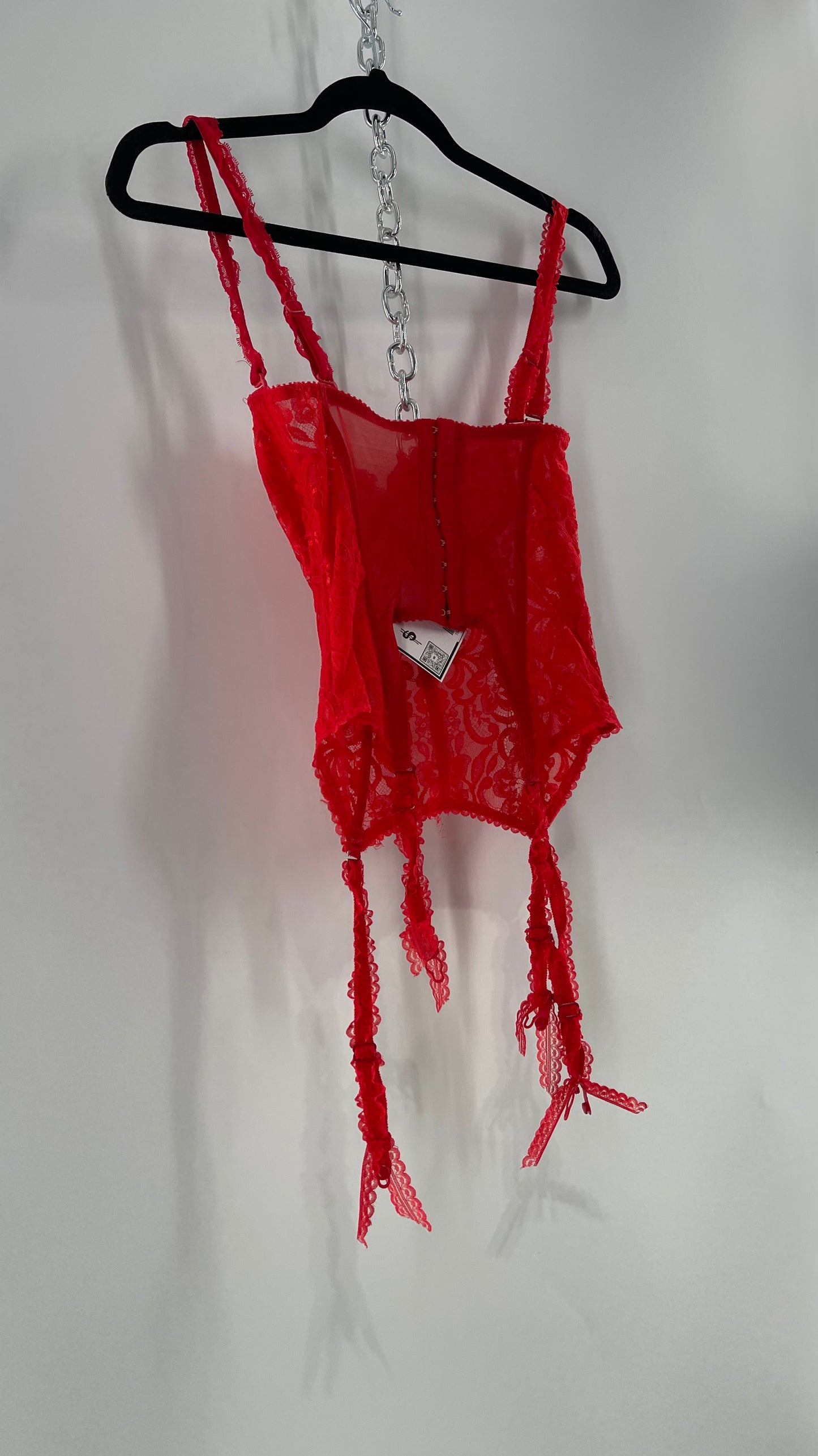 90s Vintage Red Lace Corset with Ruffled Sleeves and Removable Garter Straps (32B)