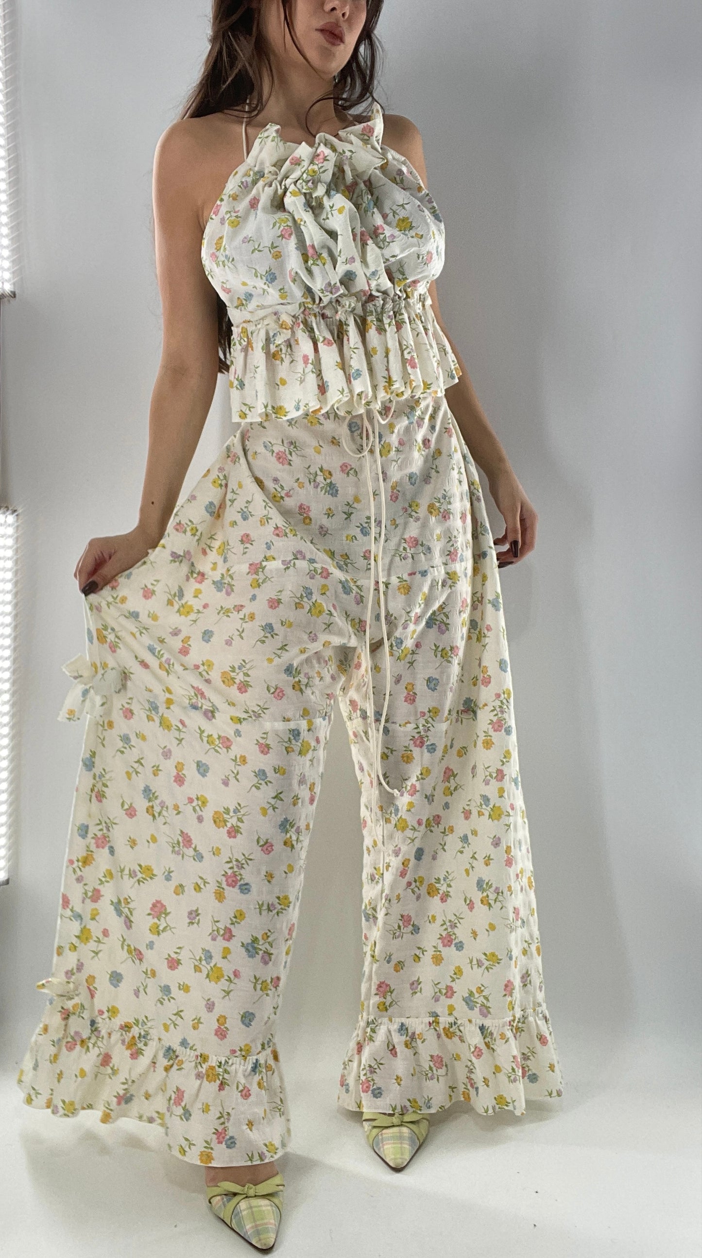 Vintage 2 Piece Floral Babydoll Set with Adjustable Top and Adjustable Pants Featuring Bow Sides and Ruffles Bum (One Size)