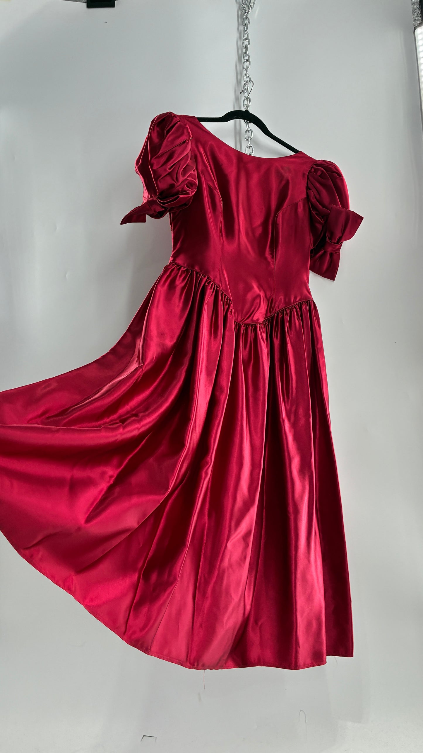 Vintage Red Silky Satin Corset Style Dress with Sweetheart Neckline, Puff Sleeves, Oversized Bow Bum, Open Back and Draping Pearls (10P)