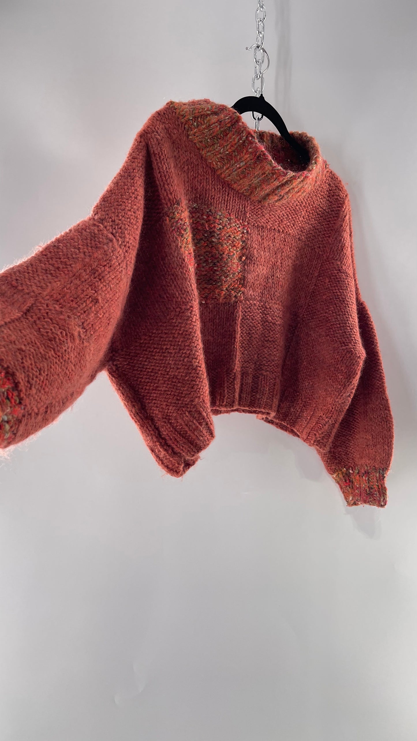 Vintage 80s Burnt Orange Cropped Thick Knit Heavy Slouchy Wool Sweater (Large)