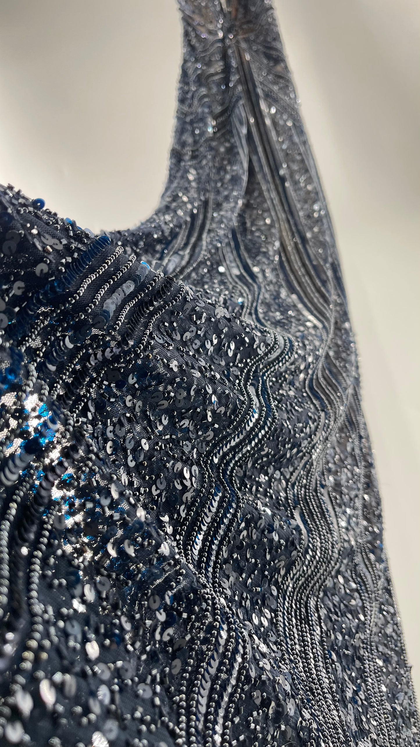 Vintage SCALA Navy Blue Beaded Floor Length Gown with Plunging Neckline, Backless Detail, and Tan Underlay (C)(4)