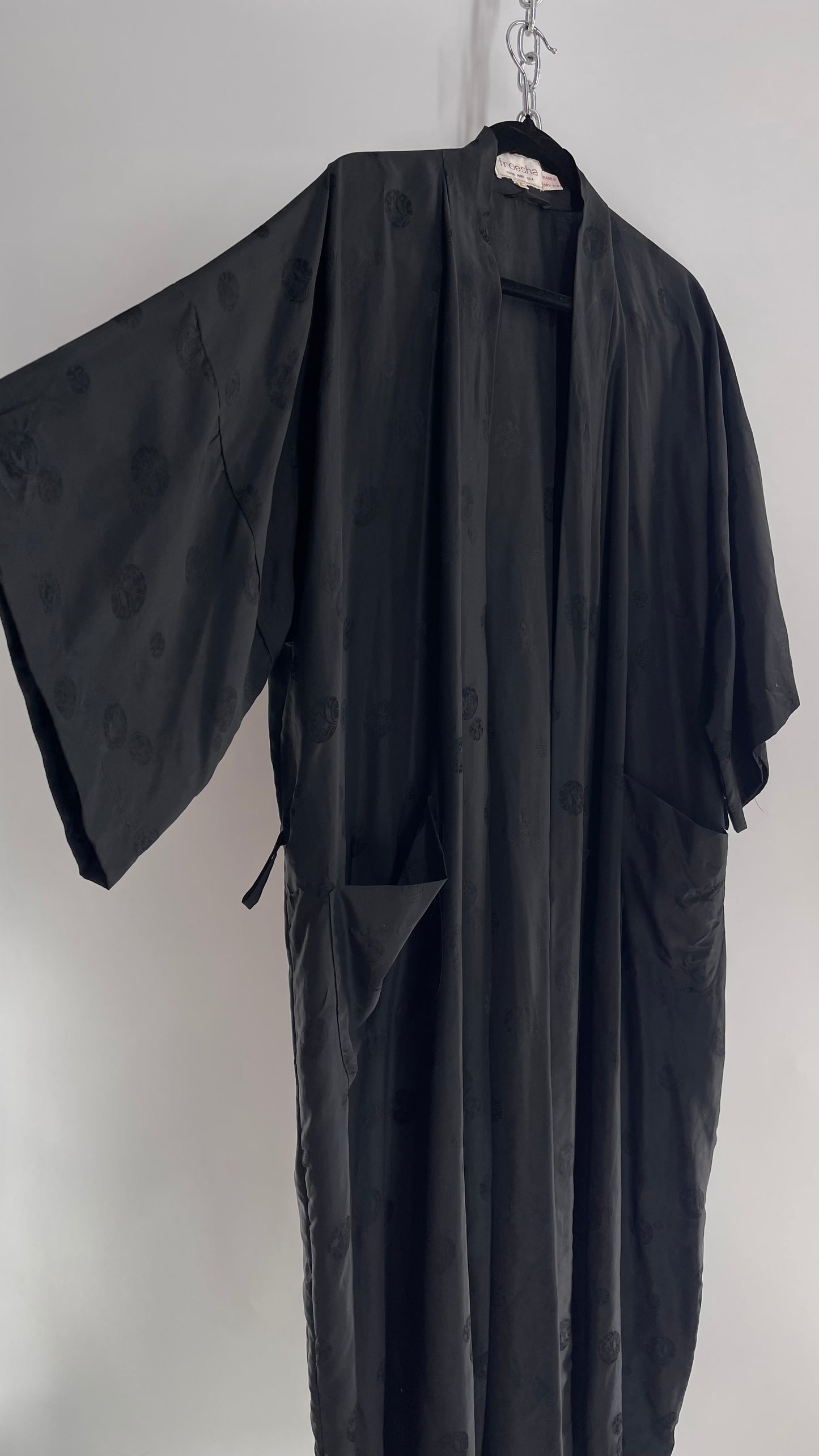 Vintage TREESHA 100% Pure Silk Black Long Embossed Robe (Large)