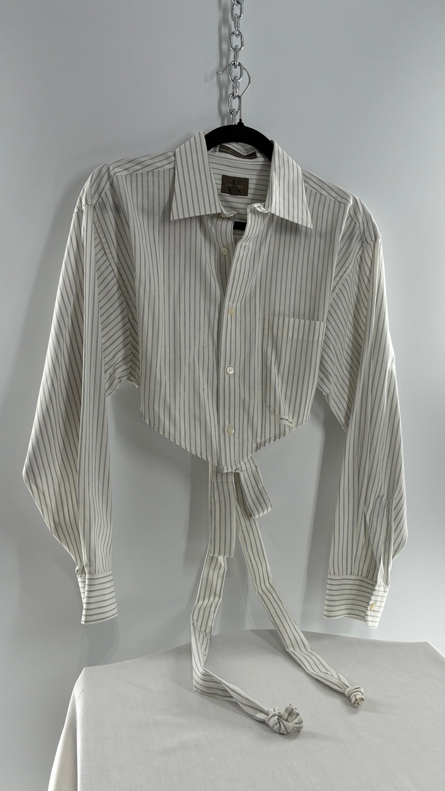 Vintage CALVIN KLEIN Reworked Button Front Backless White Striped Blouse (One Size)