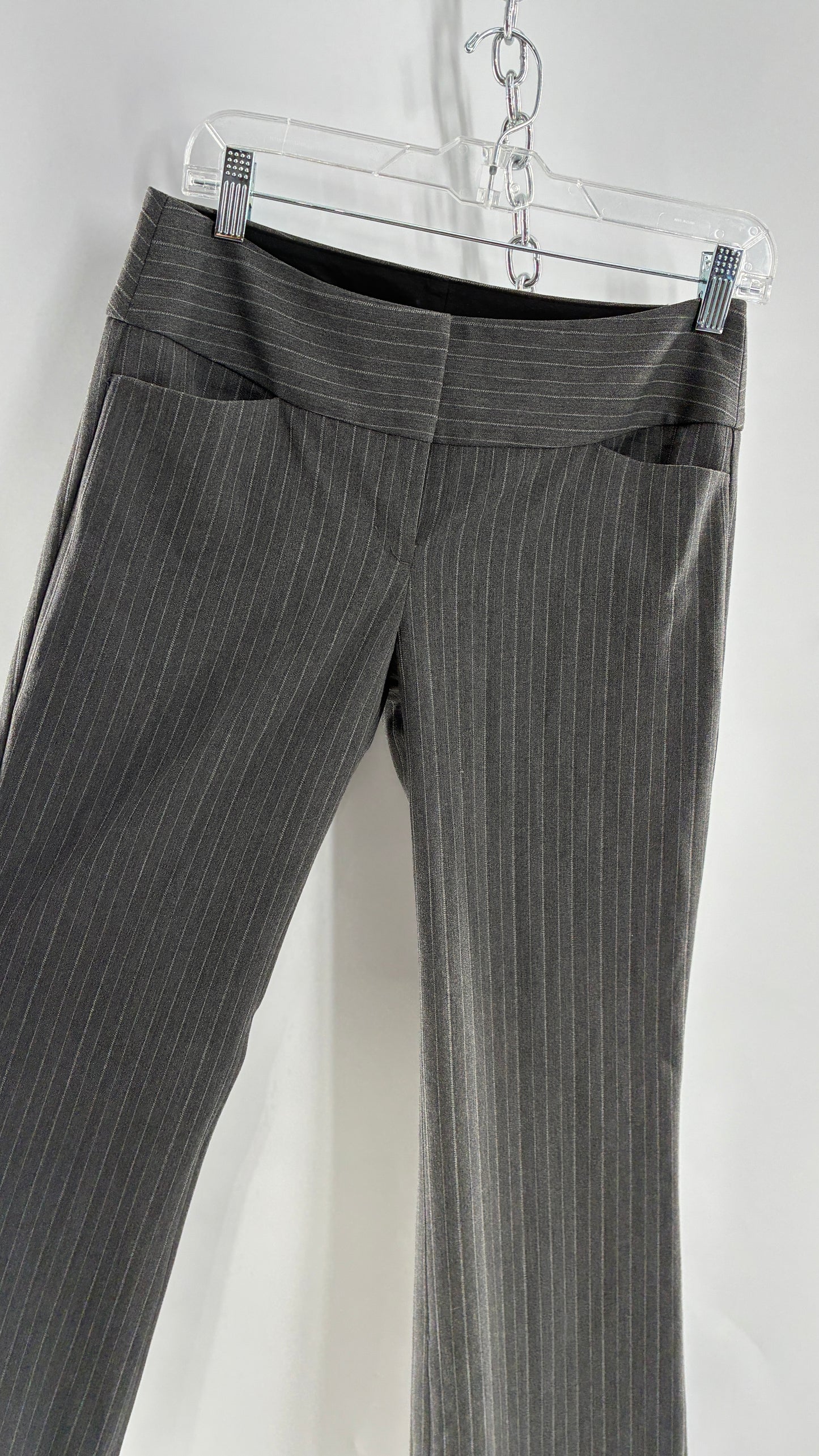 Vintage 1990s EXPRESS Editor Dark Grey Pinstripe Ultra Low Rise Thick Hip Band Kick Flares (2)