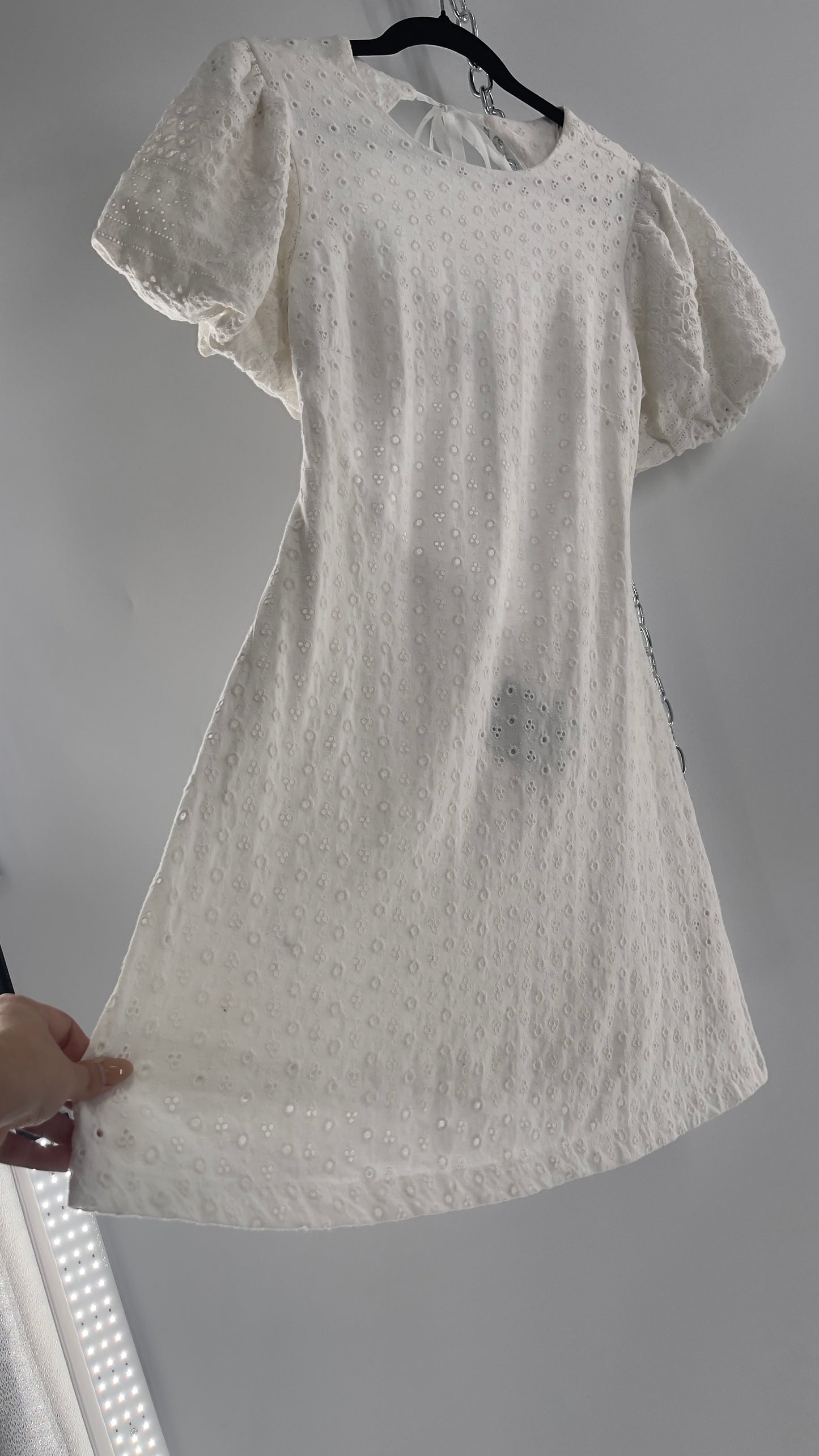Free People White Eyelet Mini Dress with Puff Sleeve and Open Back (XS)