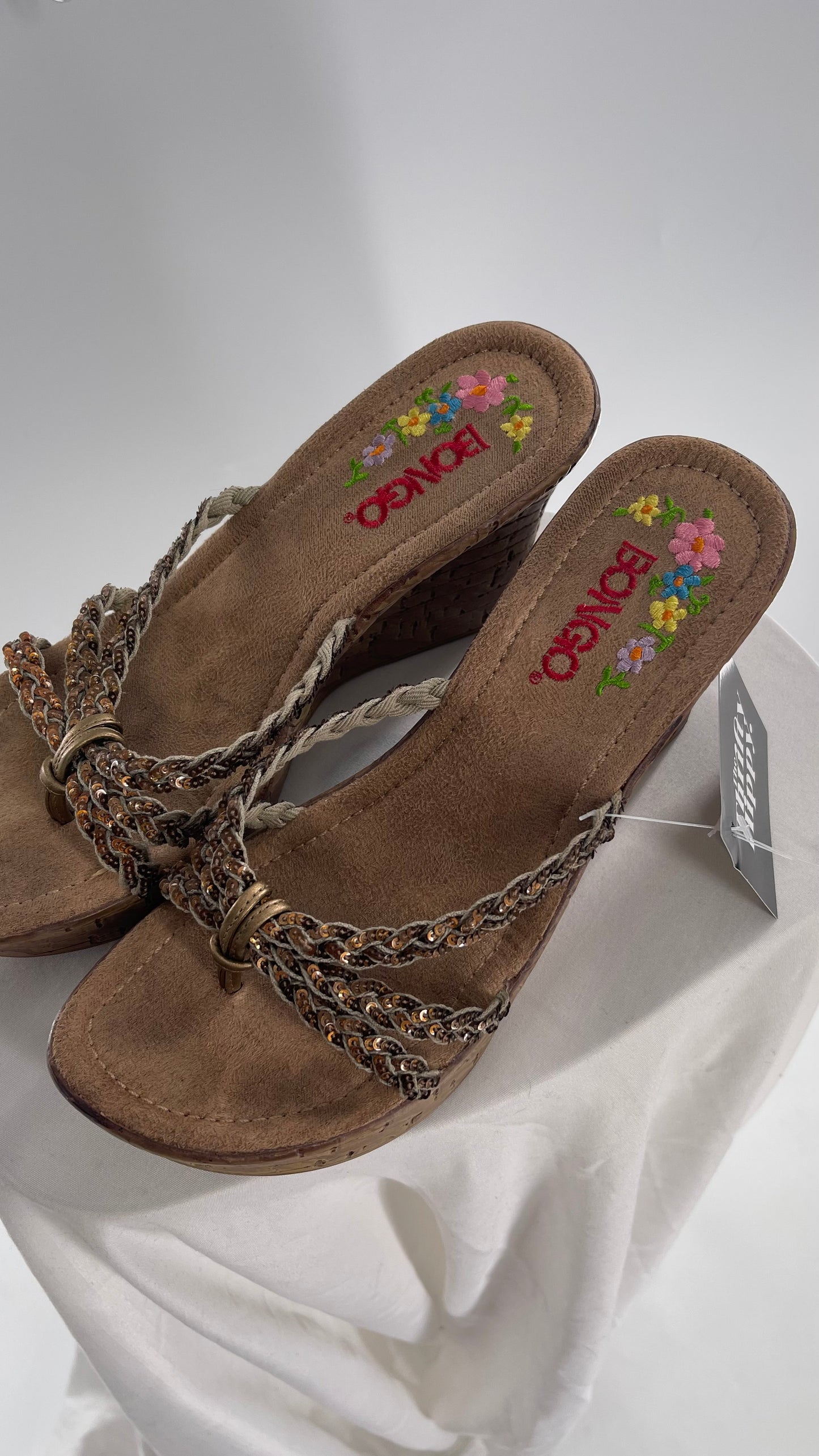 Vintage 2000s Bongo Cork Skinny Wedge Heel with Sequin Braid Straps(8)