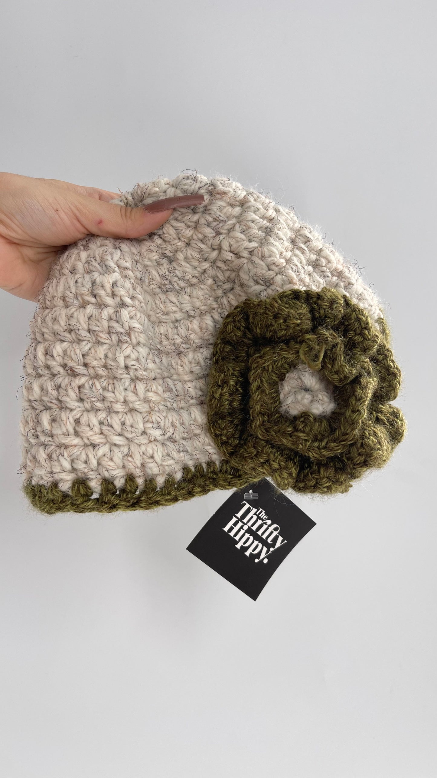 Vintage Beige Green Hand Knit Beanie with Rose