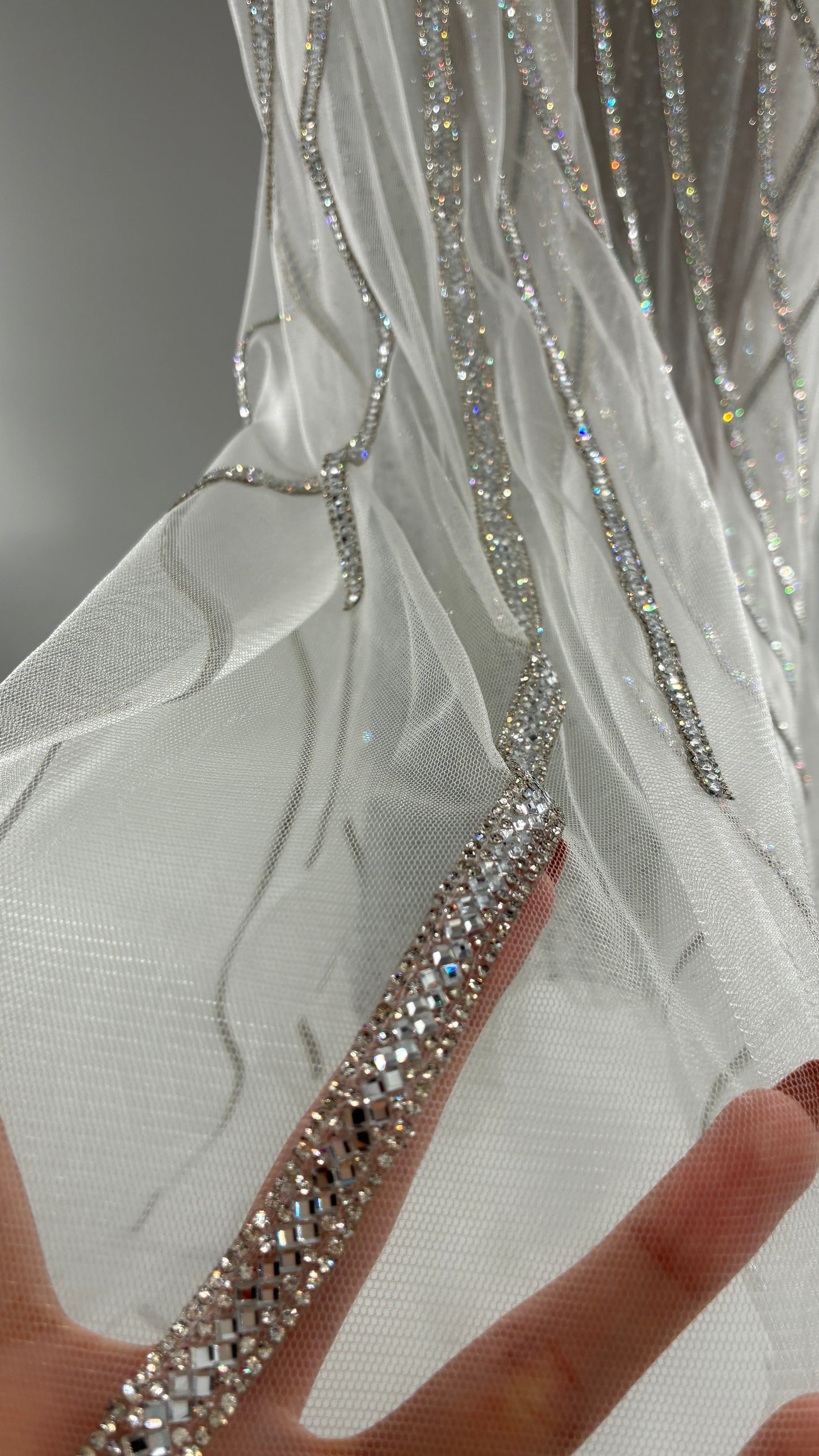 NWT LADIVINE by Cinderella Divine Silver Nude CC6018 Mermaid Corseted Gown with Multiple Layers of Tulle, Covered in Crystal Strips (16)