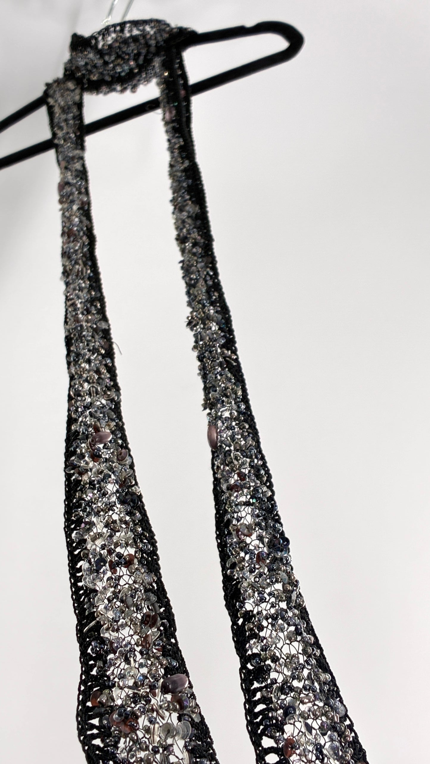 Vintage Black Netted + Crochet Scarf Necklace Covered in Heavy Beading