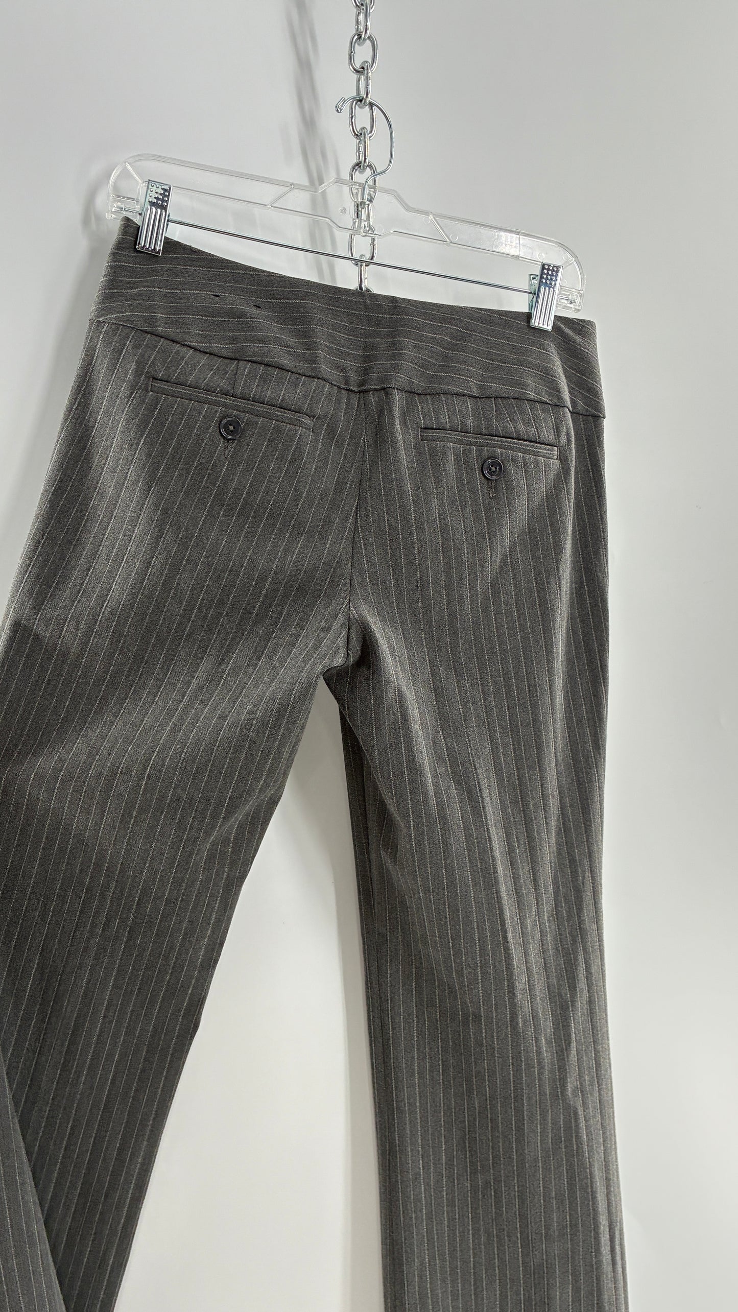 Vintage 1990s EXPRESS Editor Dark Grey Pinstripe Ultra Low Rise Thick Hip Band Kick Flares (2)