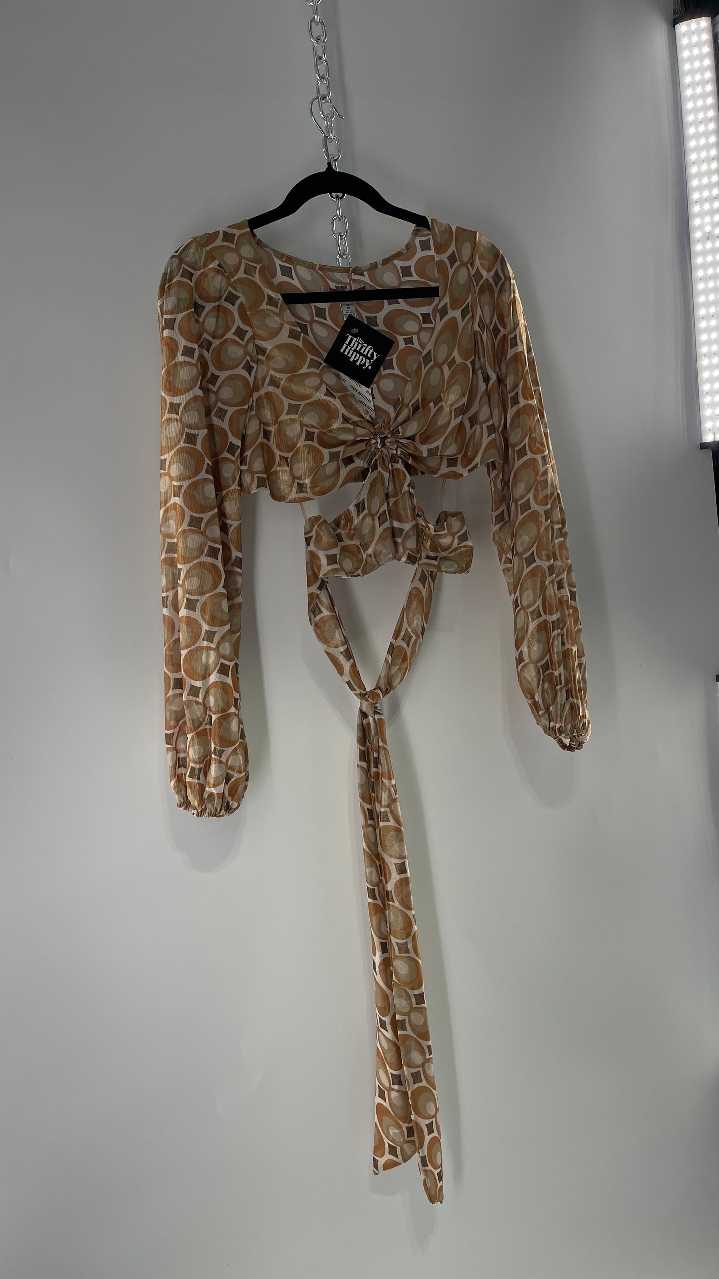 Urban Outfitters Shimmer Top Balloon Sleeve Gold Retro Print Cut Out Tie Around Blouse (Medium)