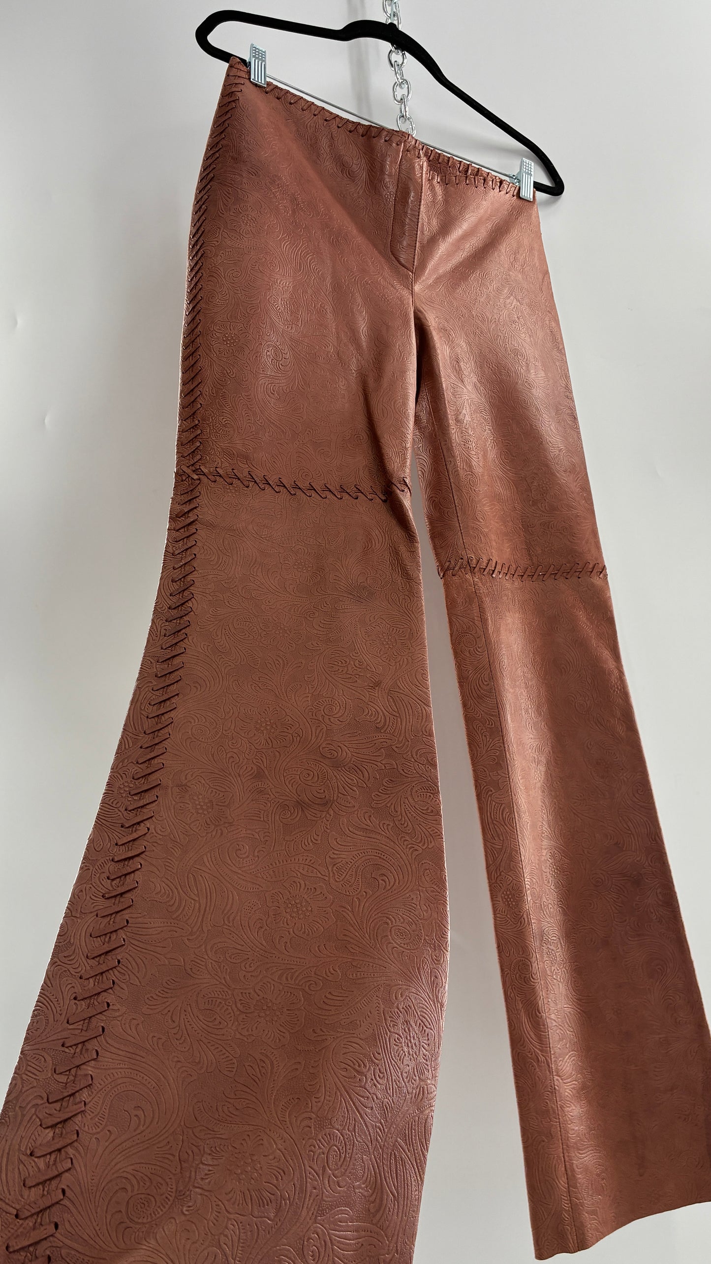 Vintage Embossed Paisley Patterned Genuine Leather Pants with Stitching Details (No Label Unbranded, S)