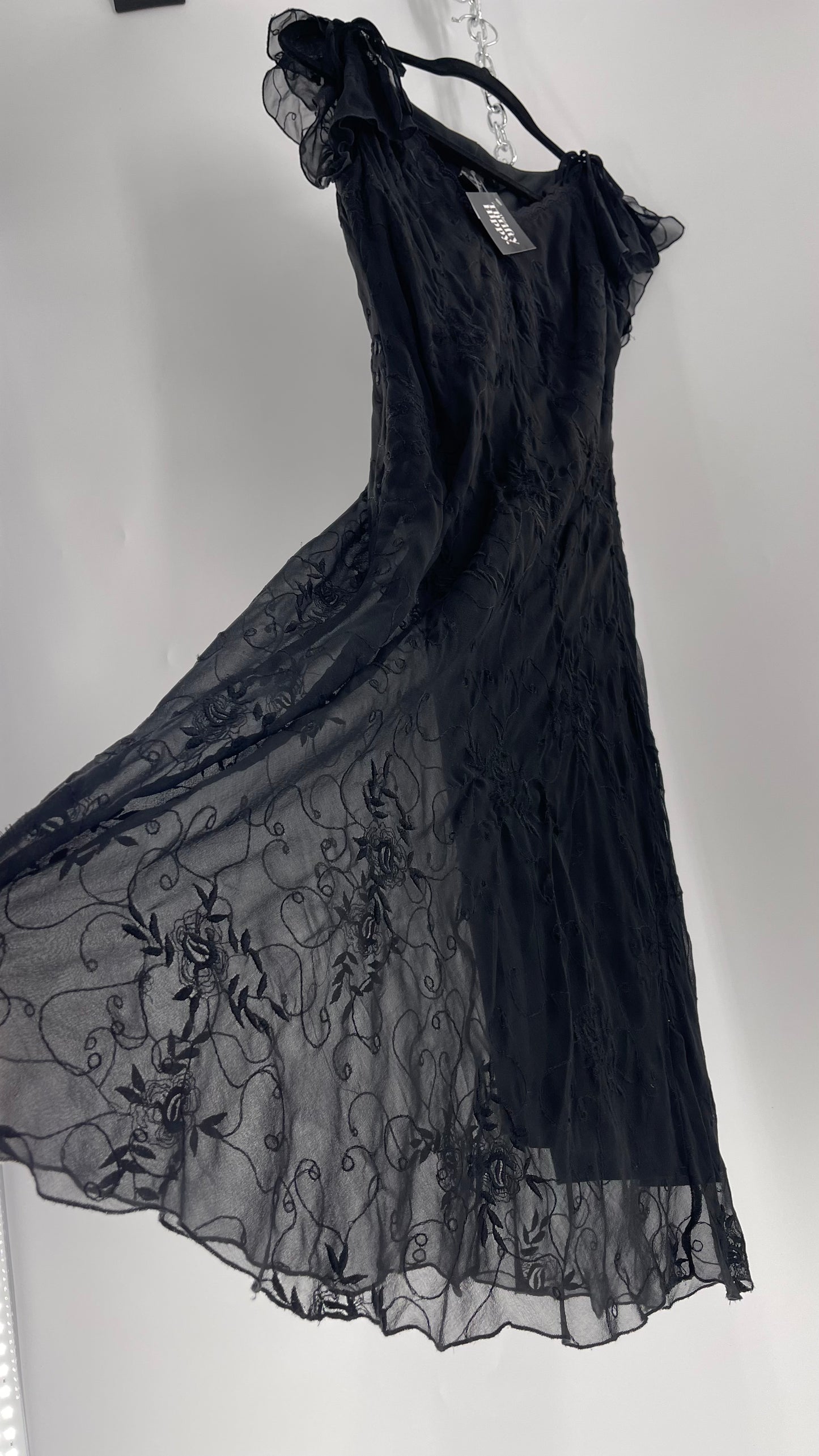 Vintage Jonathan Martin 100% Silk Black Embroidered MIDI Dress with Tie Shoulder Detail (10)