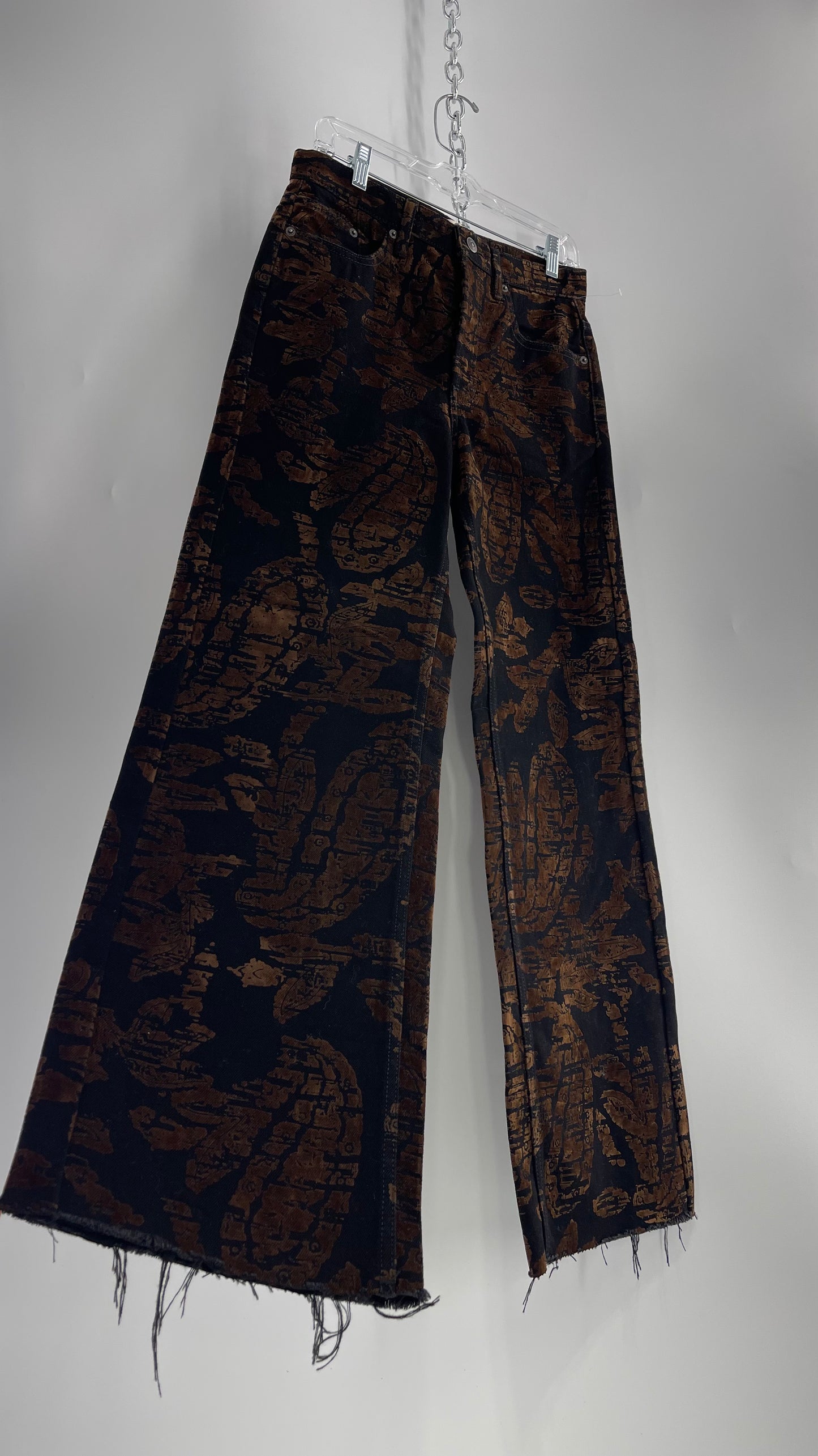 Free People Black/Brown Velvet Texture Graphic Straight Legs with Raw Edge Hem and Tags Attached (28)