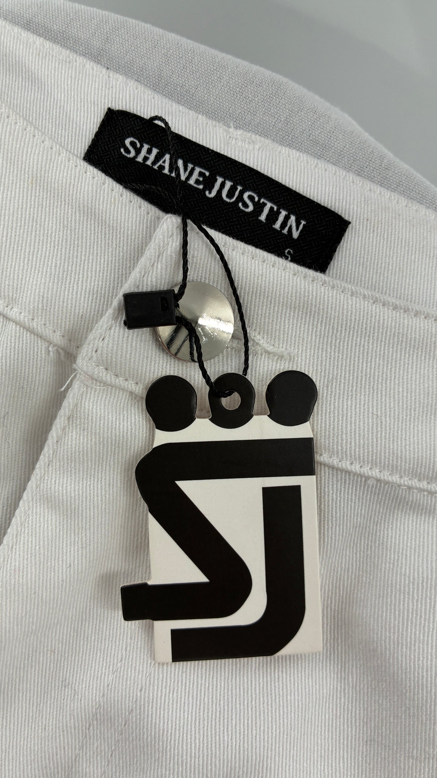 Designer SHANE JUSTIN White Stacked Extendo Cargo Pants with Embroidered Logo Pants and Tags Attached (Small)