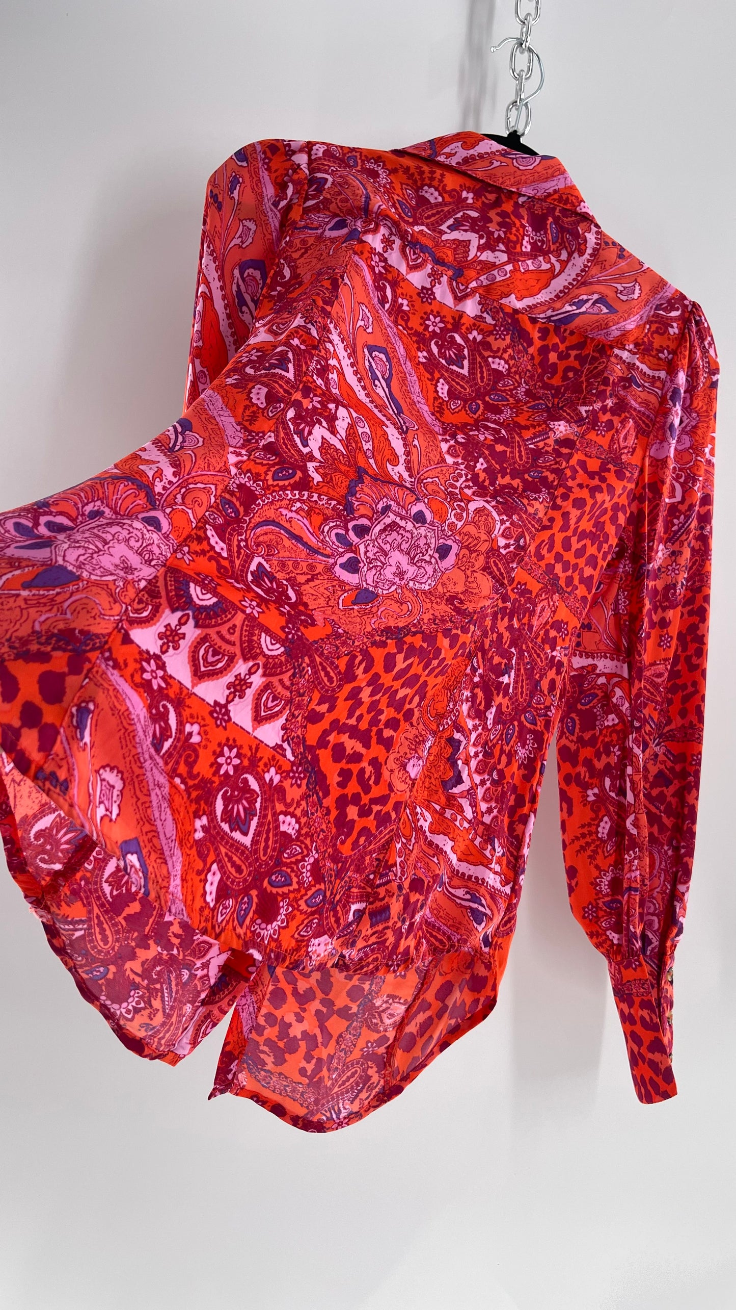 Free People Red, Neon Orange Leopard Paisley Patterned Button Front(Medium)