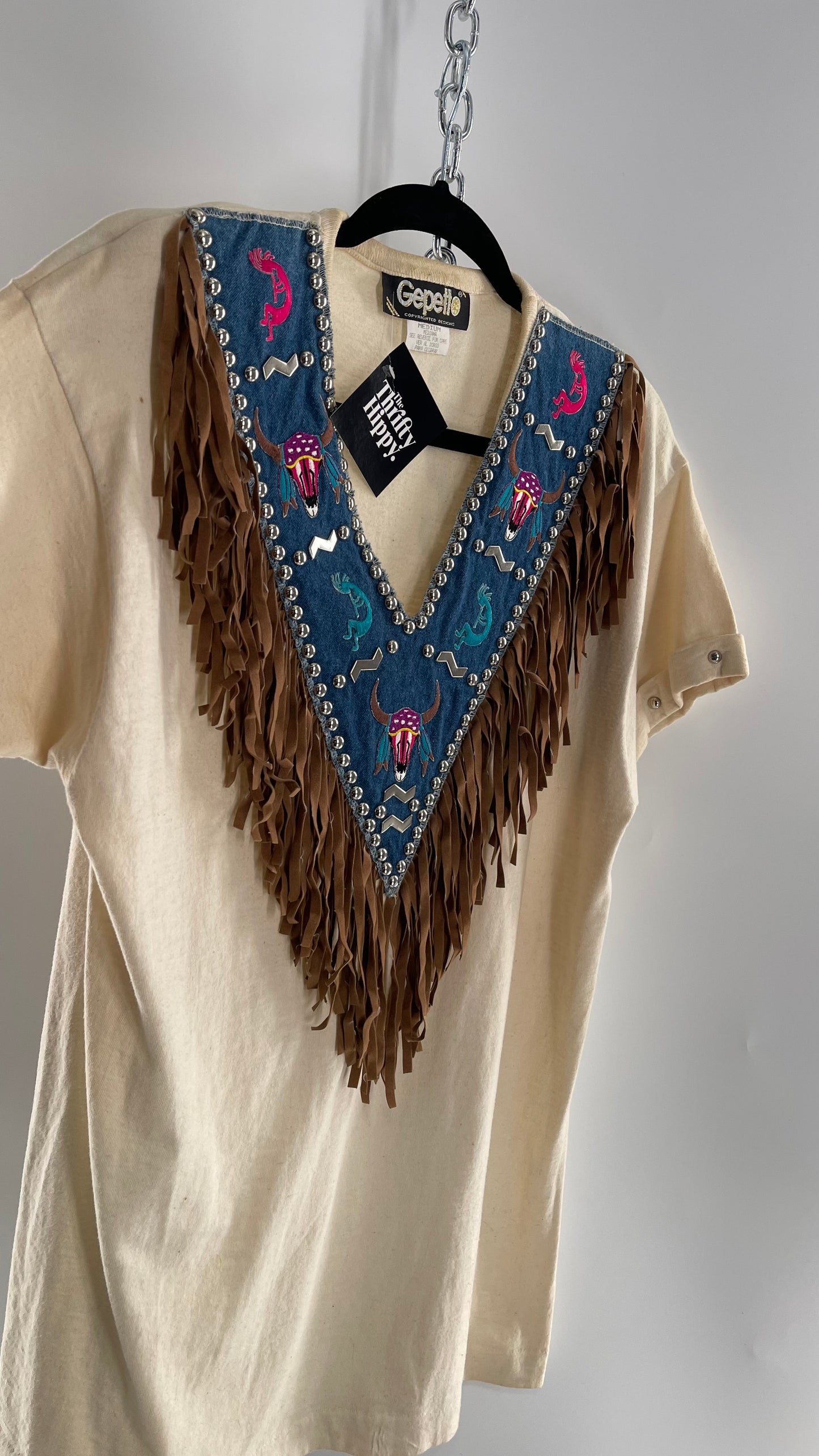 Vintage 1980s GEPETTO Off White Rodeo Western T Shirt with Denim Lined V Neck, Faux Leather Fringe Detail, Embroidery, and Heavy Duty Studs