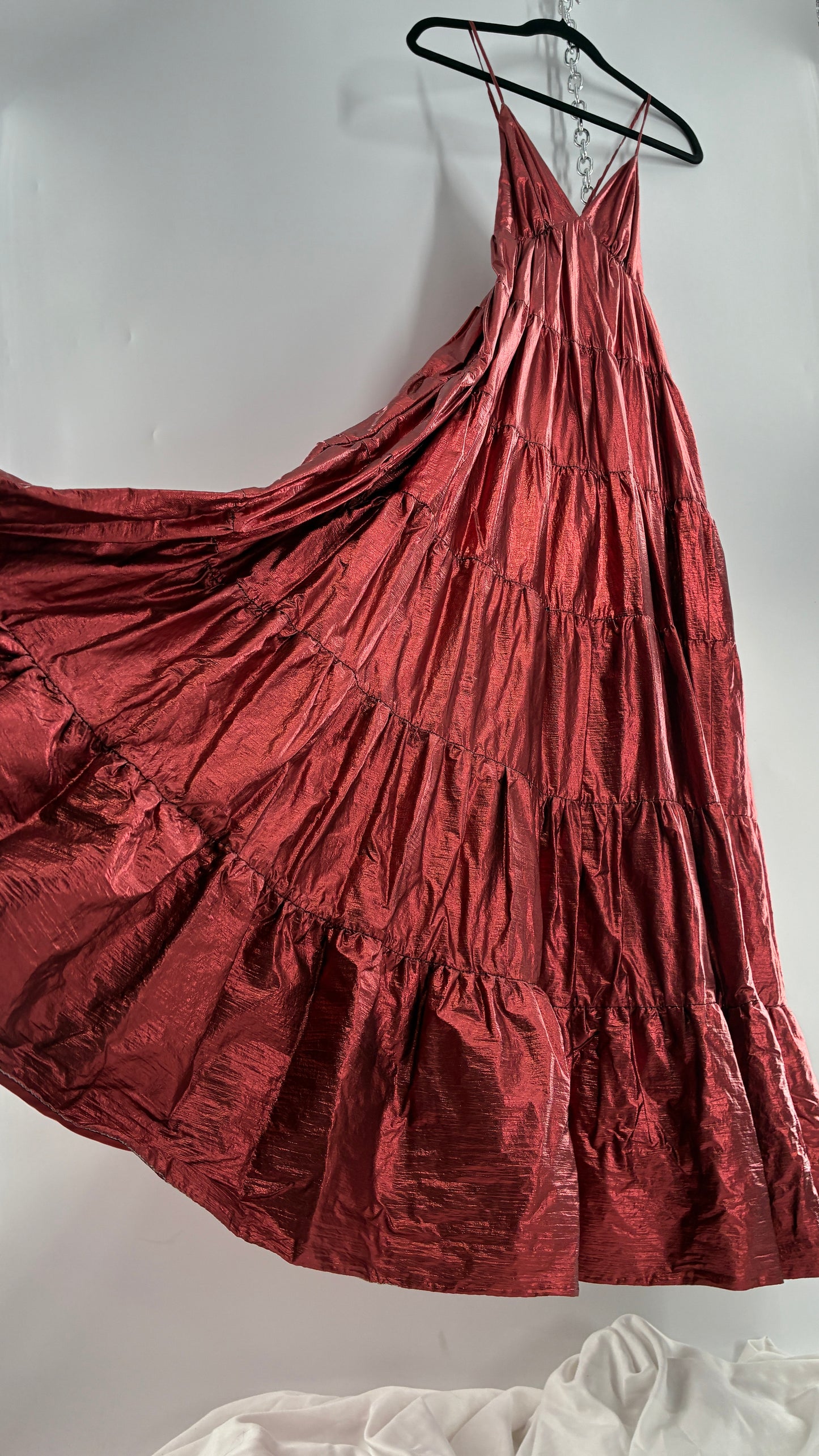 HUTCH Red Metallic Tiered Voluminous Maxi Gown (XS)