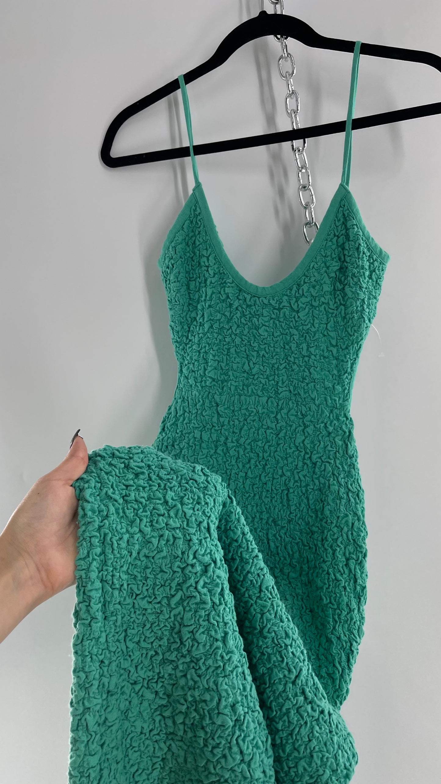 Free People Kelly Green Popcorn Maxi Dress with Low, Open Back Detail (XS)