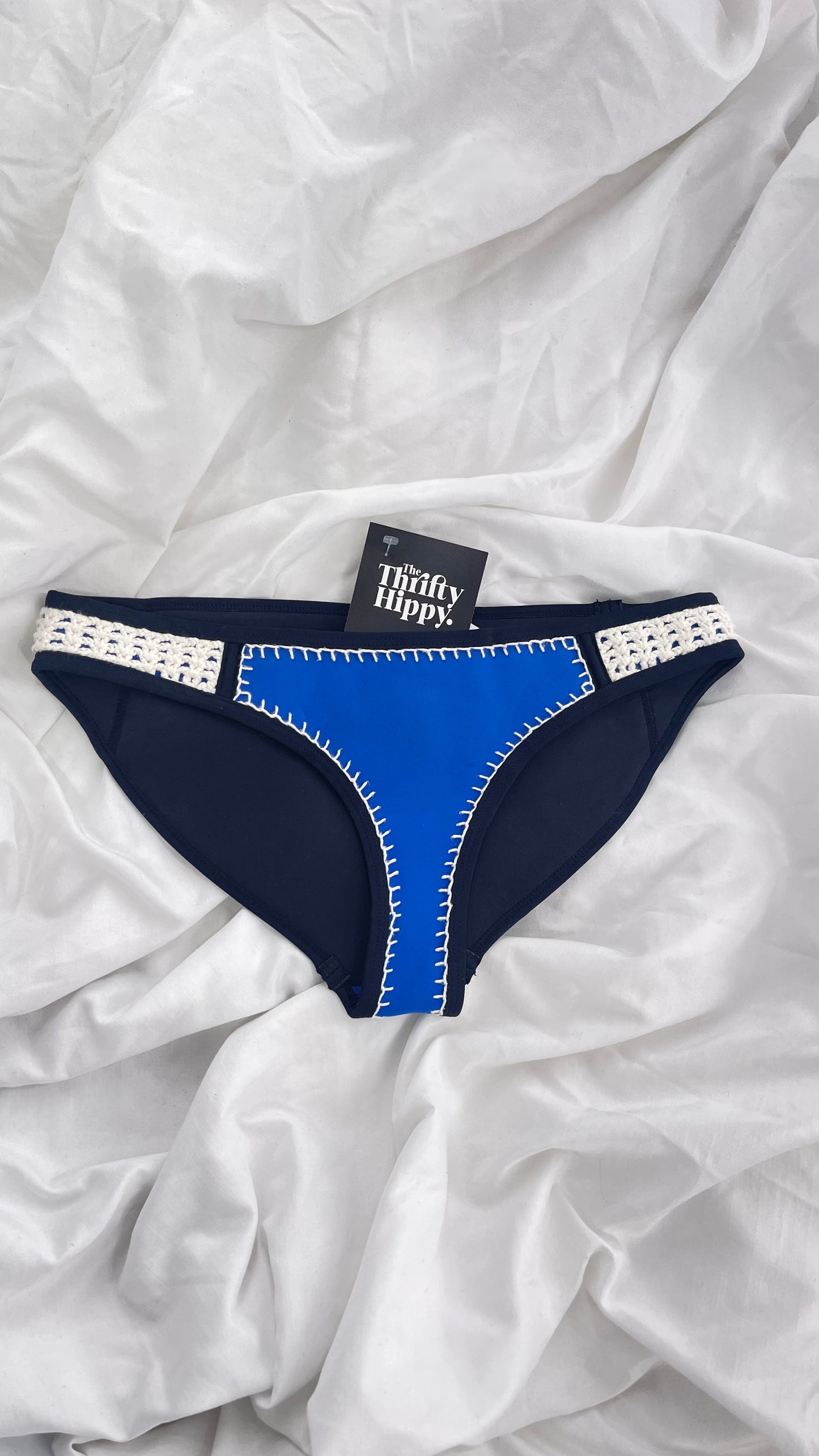 TRIANGL Swim Royal Blue and Black Neoprene Swim Bottoms with Crochet Sides (Small)