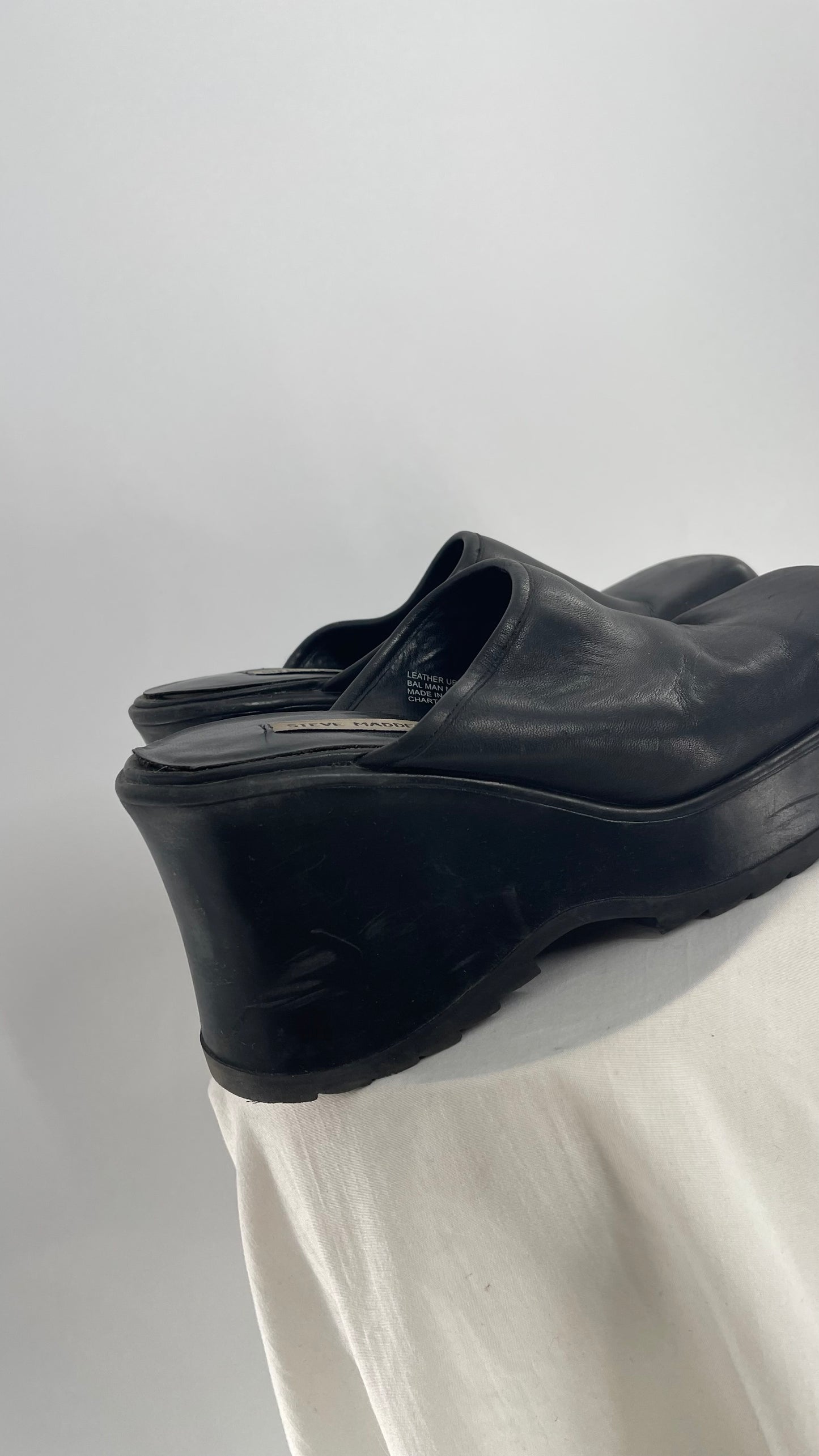 STEVE MADDEN Rare Black Leather Chunky Platform Wedge Clog (10)