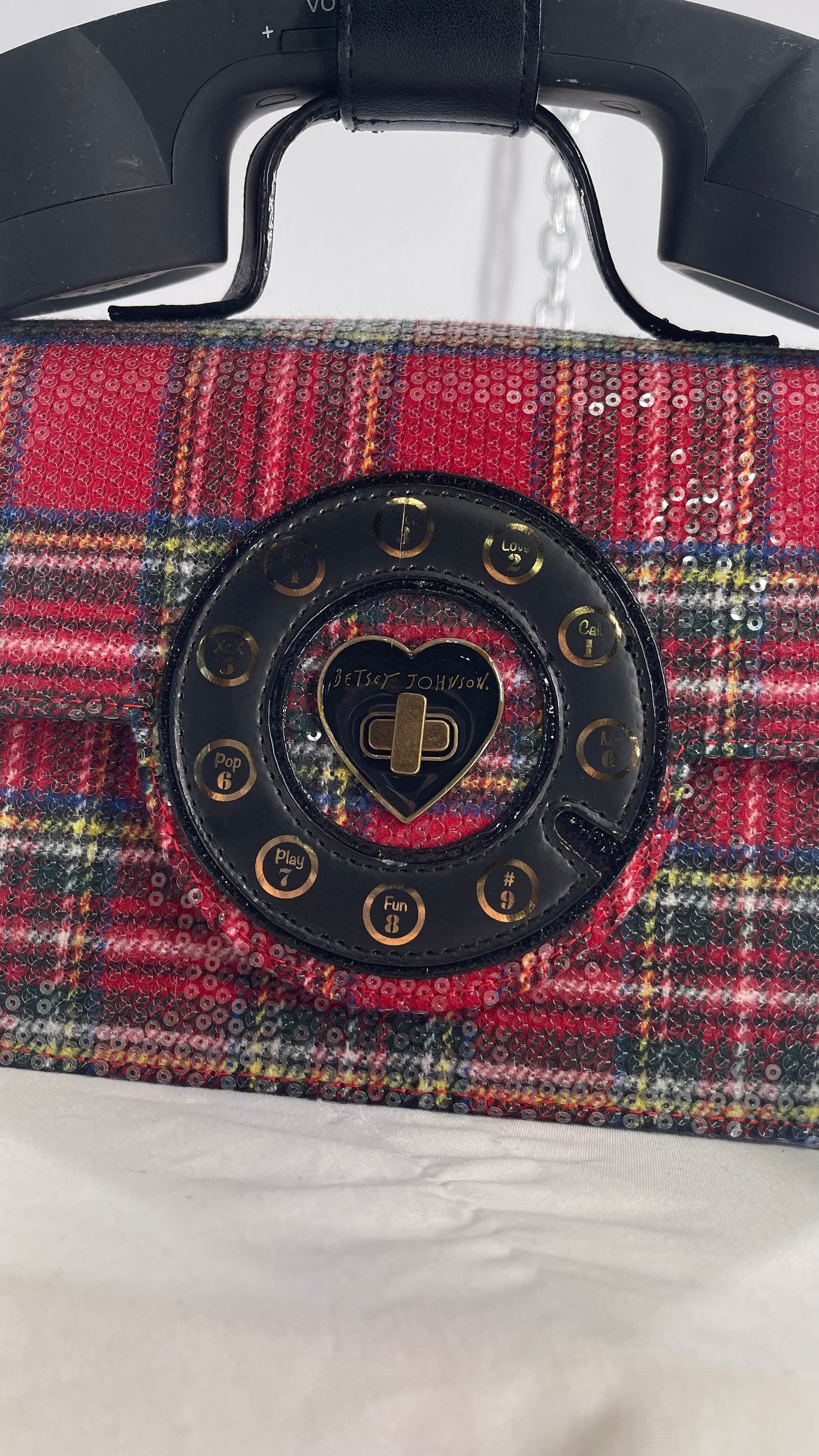 Rare Deadstock Vintage Betsy Johnson Red Plaid Telephone Sequin Bag with Wiring to connect to Phone