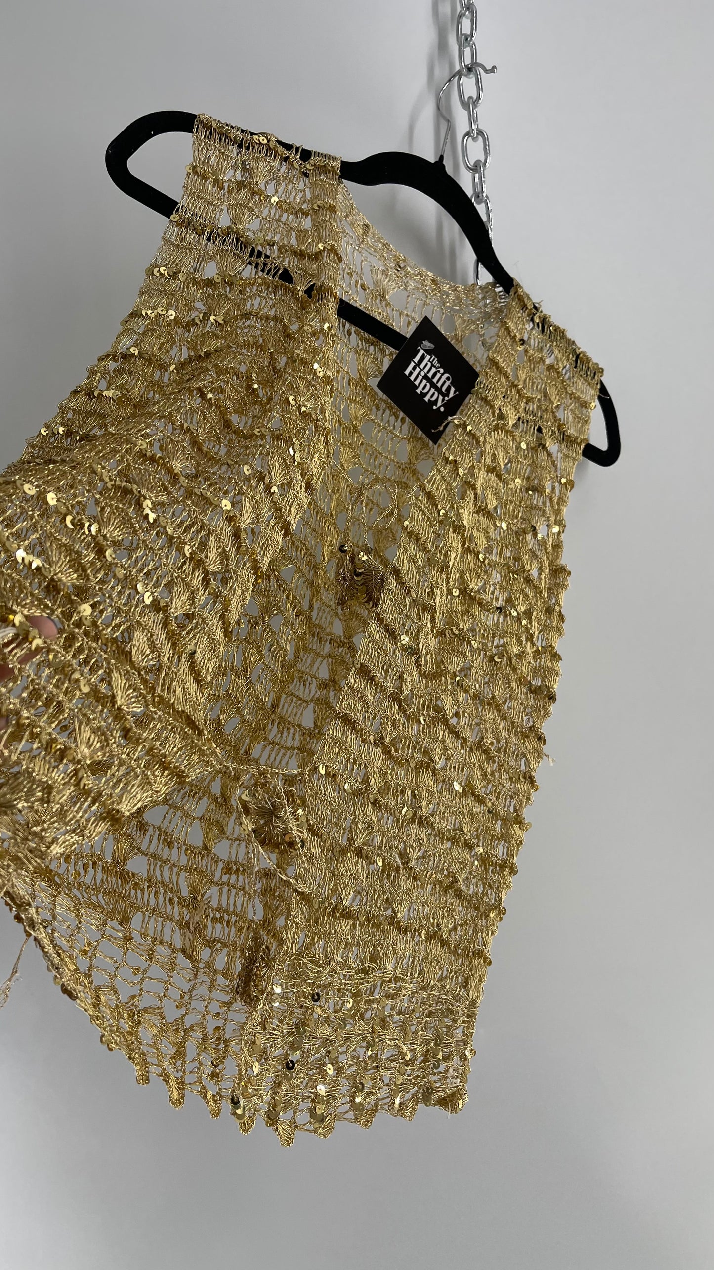 Vintage Gold Crochet Sequin Tie Bust Vest (S/M)