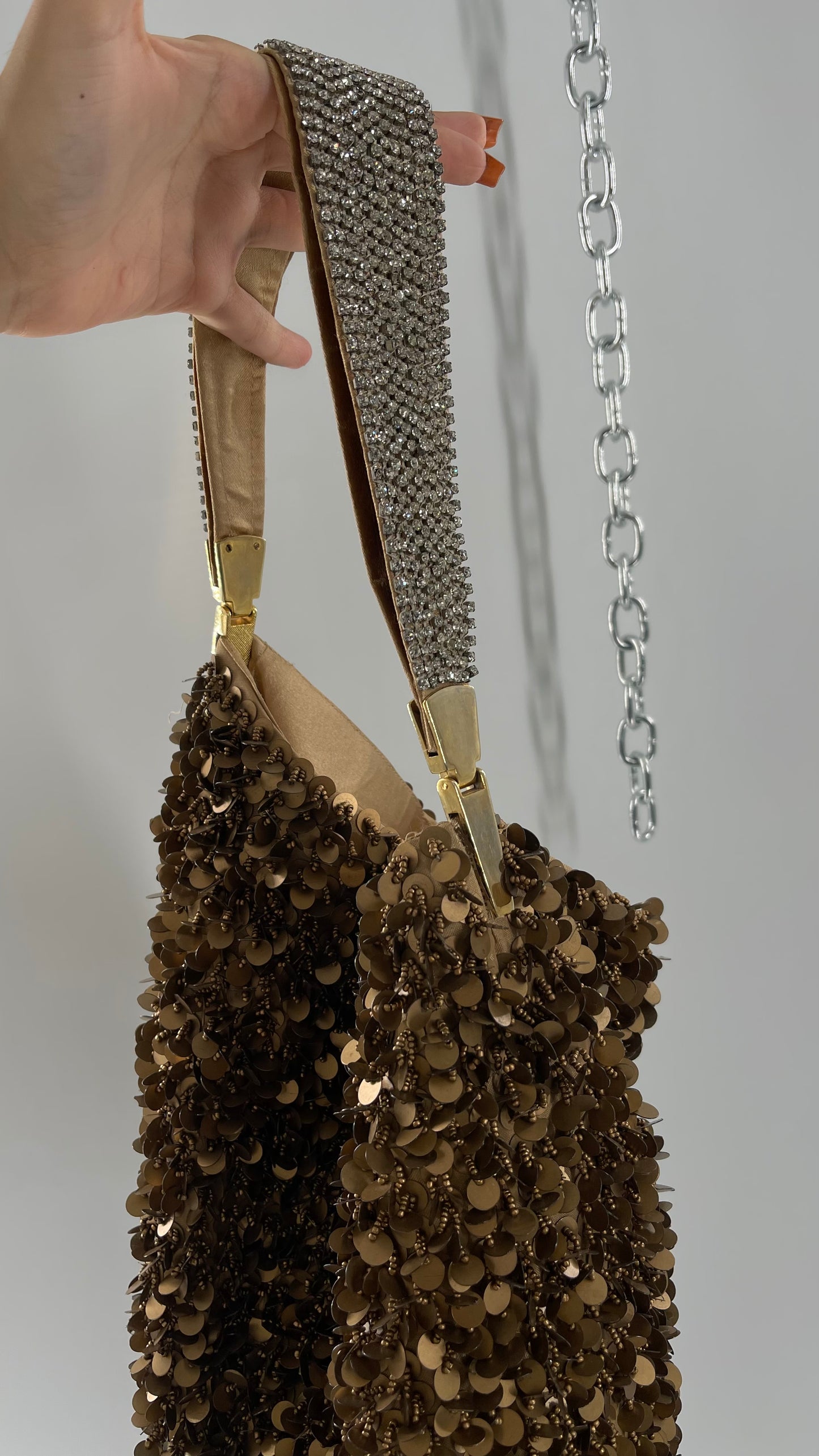 Deadstock The Find Marvelous Bronze Beaded Sequin Tote Bag with Gemstone Strap