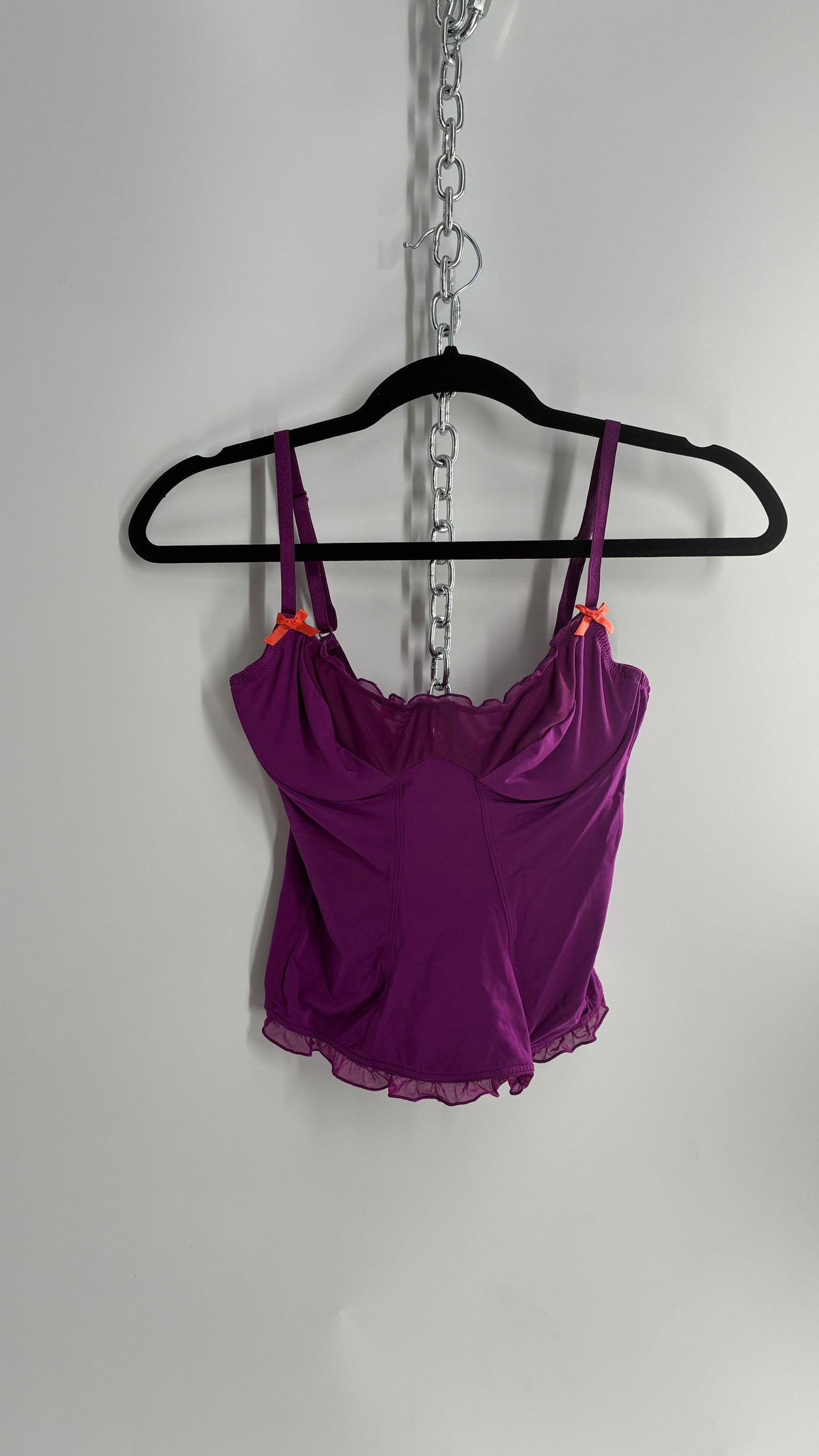 Vintage 1990s Purple Underwire Camisole Top with Sheer Ruffled Trim and Contrast Bow (Small)